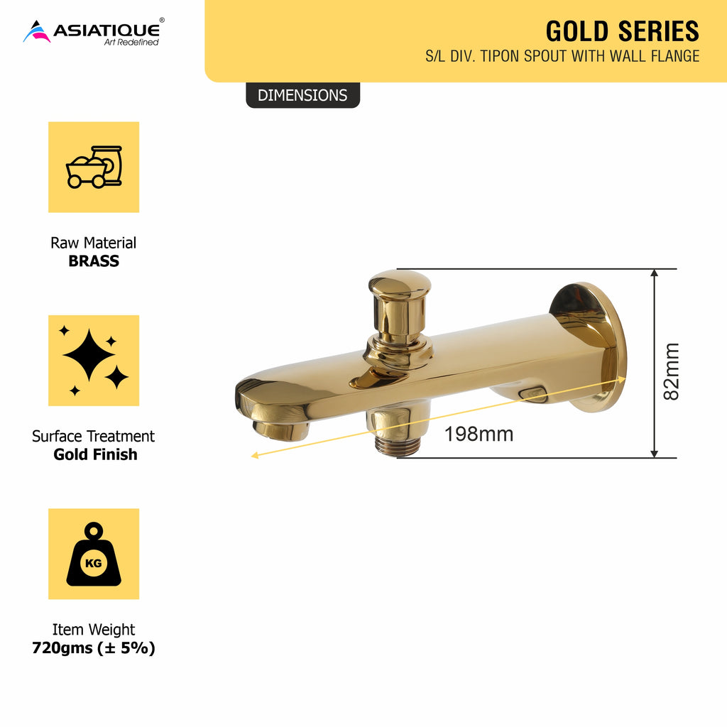 Asiatique S/L Div. Tipon Spout With Wall Flange (OG-026), Gold Series Premium Brass Faucets – Gold Finish Bathroom & Kitchen Taps