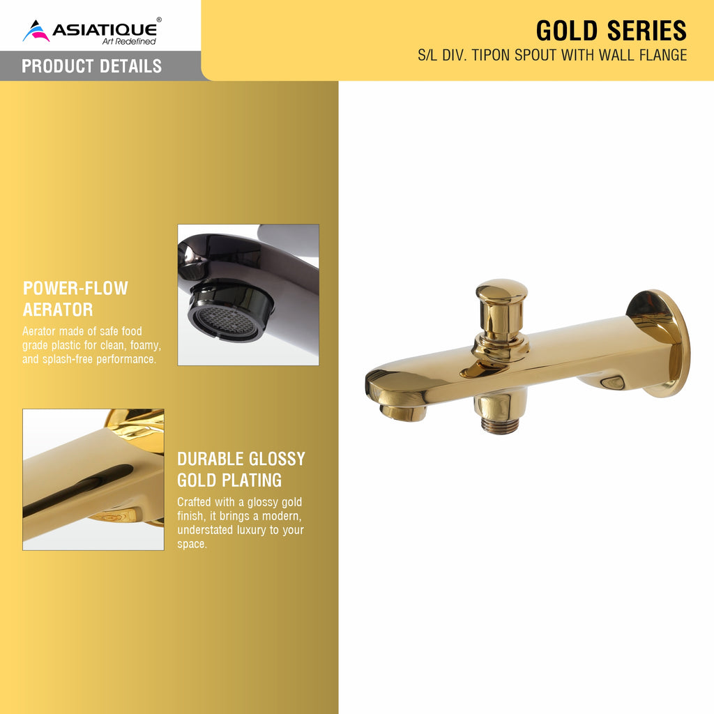 Asiatique S/L Div. Tipon Spout With Wall Flange (OG-026), Gold Series Premium Brass Faucets – Gold Finish Bathroom & Kitchen Taps