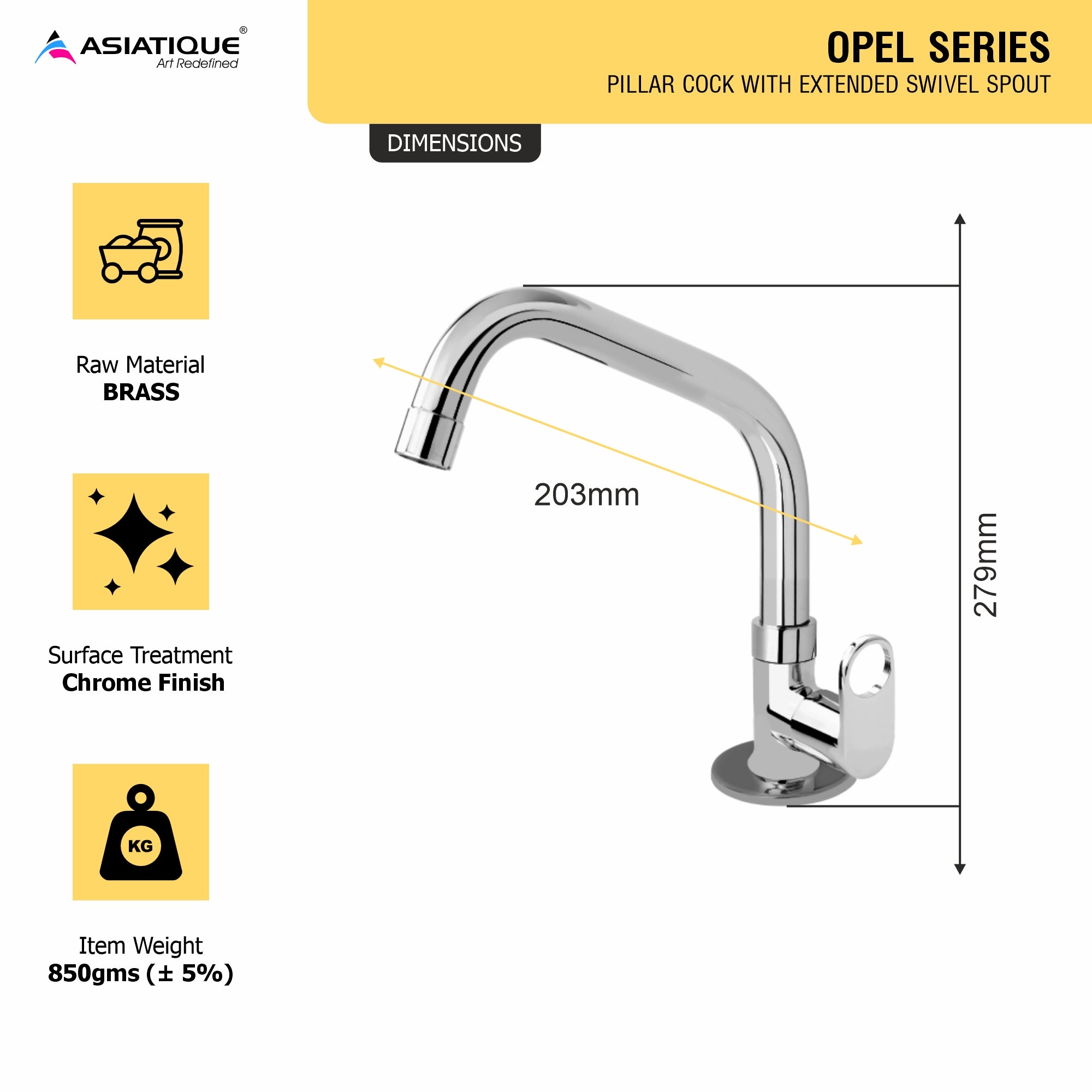 Asiatique Pillar Cock  With Extended Swivel  Spout (OP-002EX), OPPO Series Premium Faucets & Mixers