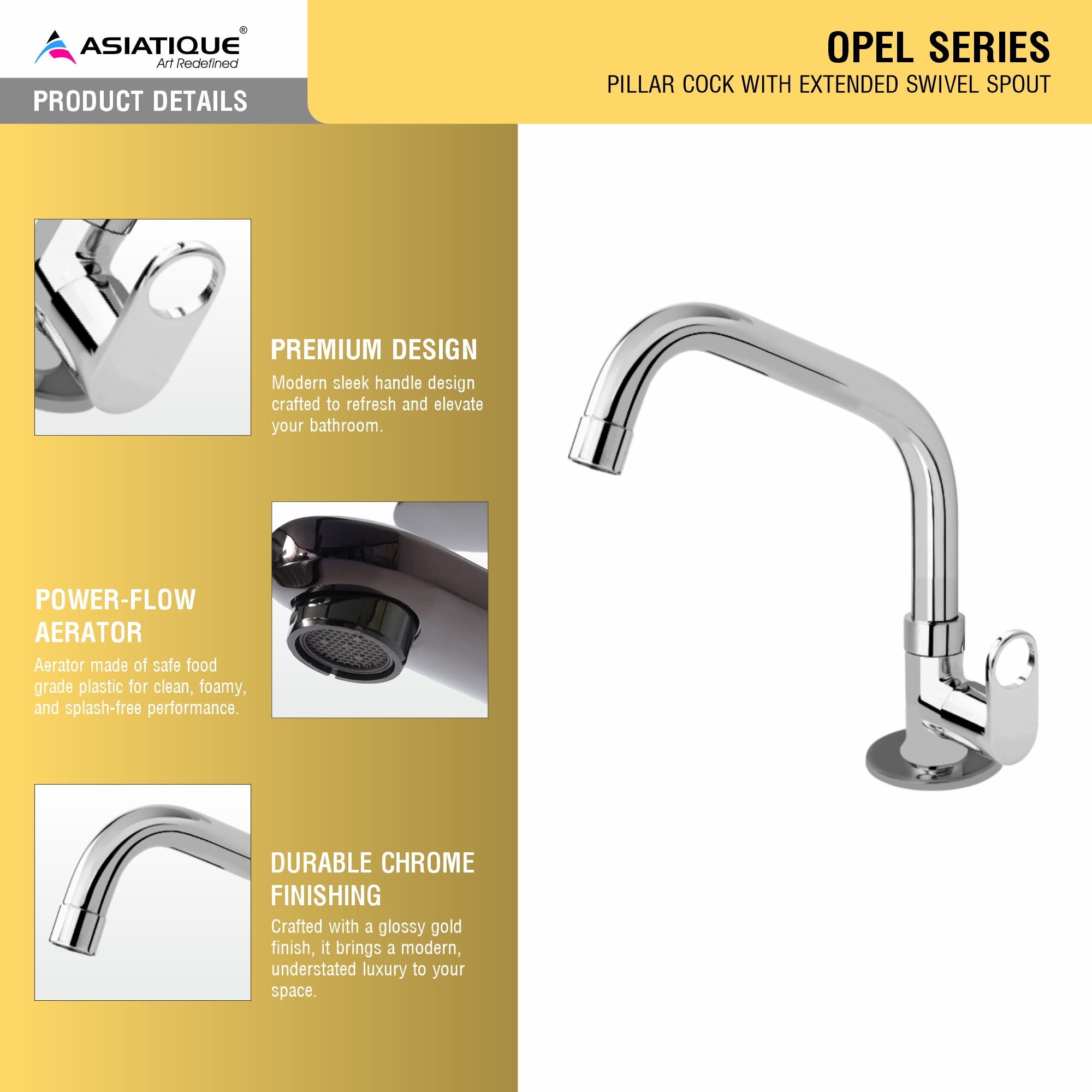 Asiatique Pillar Cock  With Extended Swivel  Spout (OP-002EX), OPPO Series Premium Faucets & Mixers