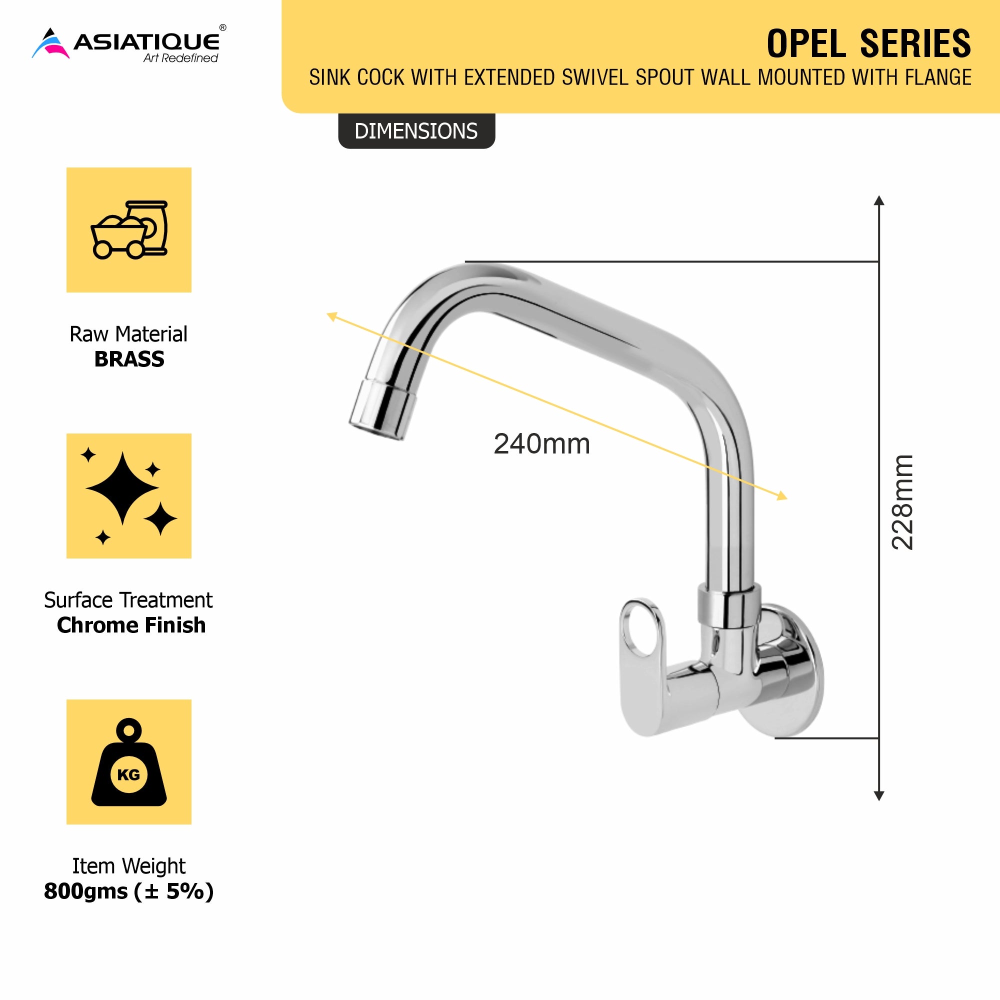 Asiatique Sink Cock With Extended Swivel Spout Wall Mounted With Flange (OP-008EX), OPPO Series Premium Faucets & Mixers