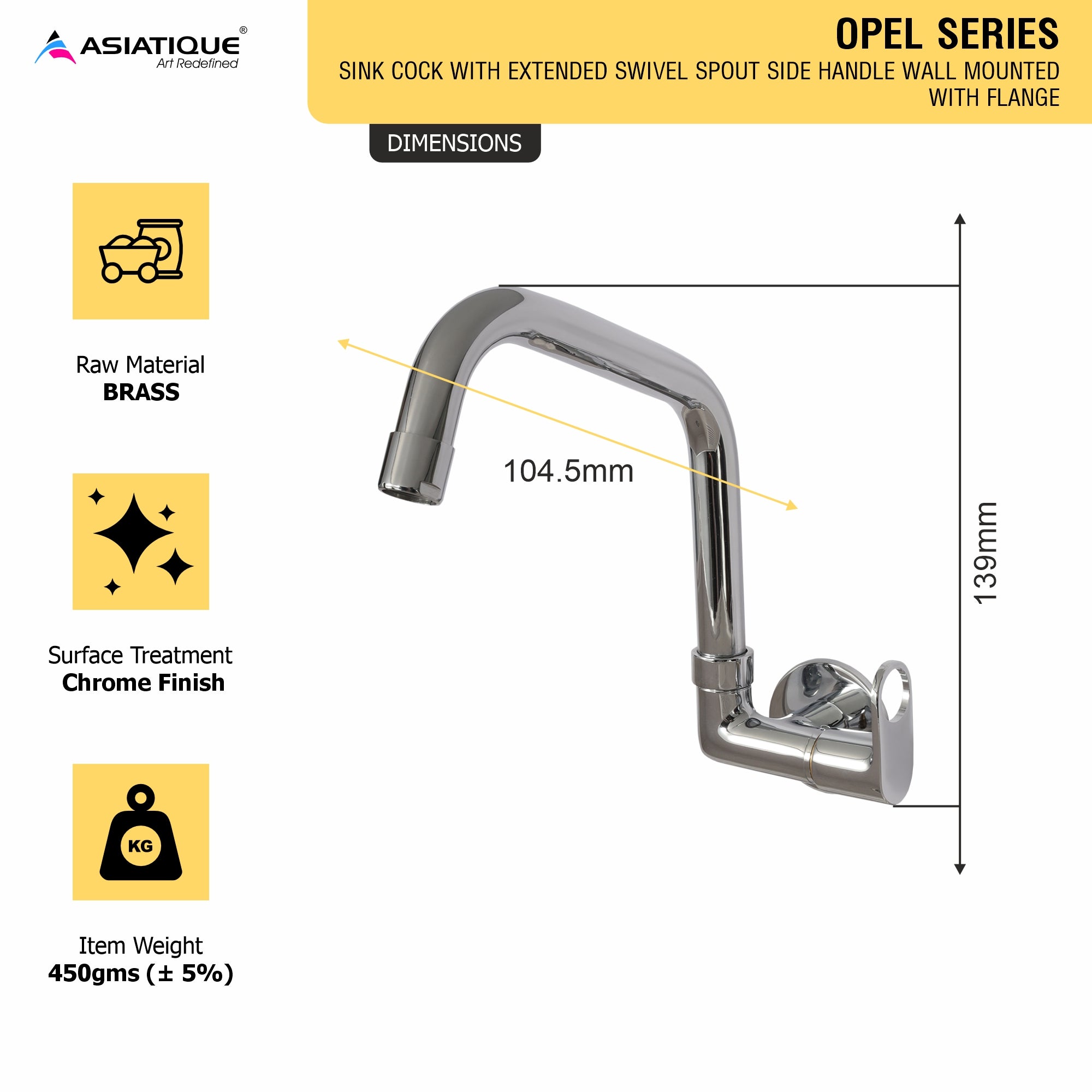 Asiatique Sink Cock WIth Extended Swivel Spout Side Handle Wall Mounted With Flange (OP-008EX SH), OPPO Series Premium Faucets & Mixers