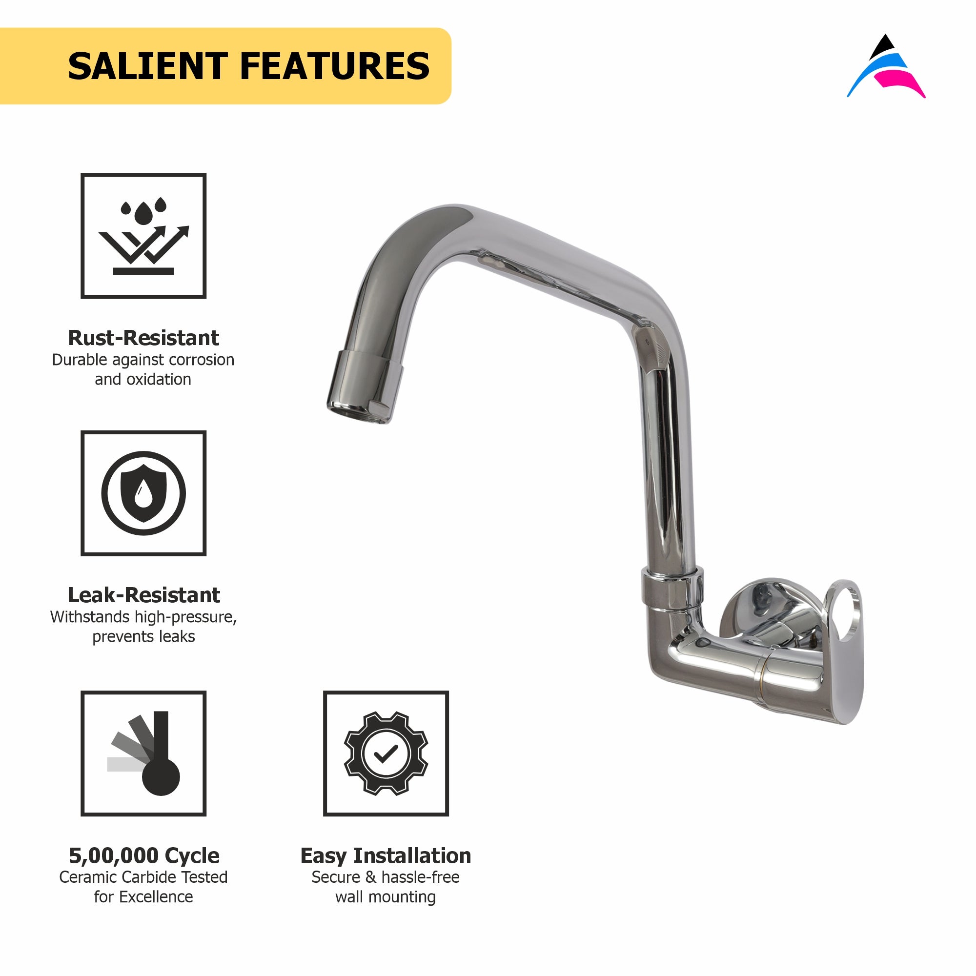 Asiatique Sink Cock WIth Extended Swivel Spout Side Handle Wall Mounted With Flange (OP-008EX SH), OPPO Series Premium Faucets & Mixers