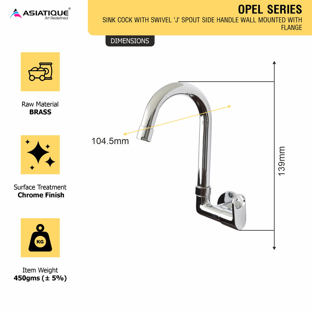 Asiatique Sink Cock With Extended Swivel 'J' Spout Wall Mounted With Flange (OP-008), OPPO Series Premium Faucets & Mixers