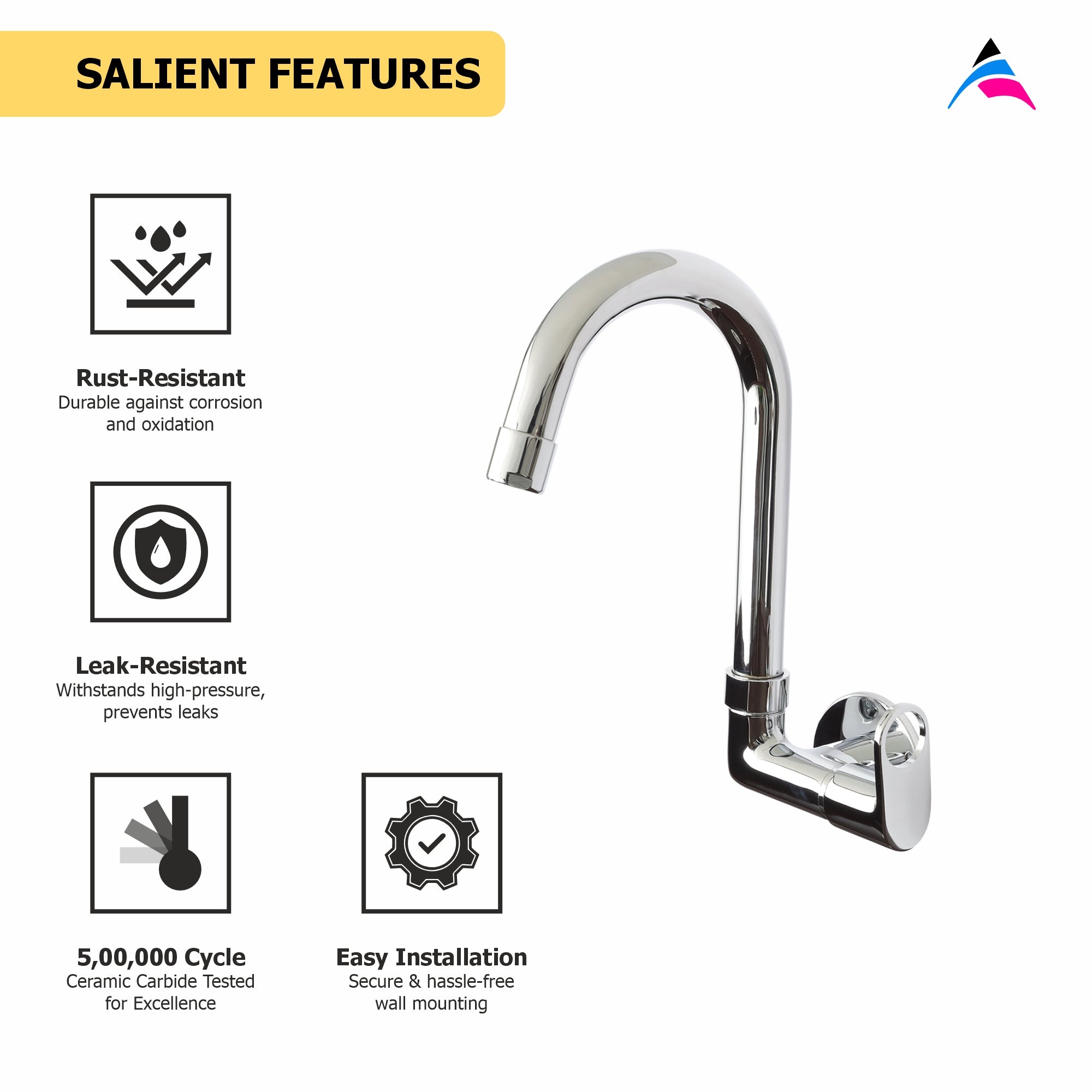 Asiatique Sink Cock WIth Extended Swivel 'J' Spout Side Handle Wall Mounted With Flange (OP-008 SH), OPPO Series Premium Faucets & Mixers