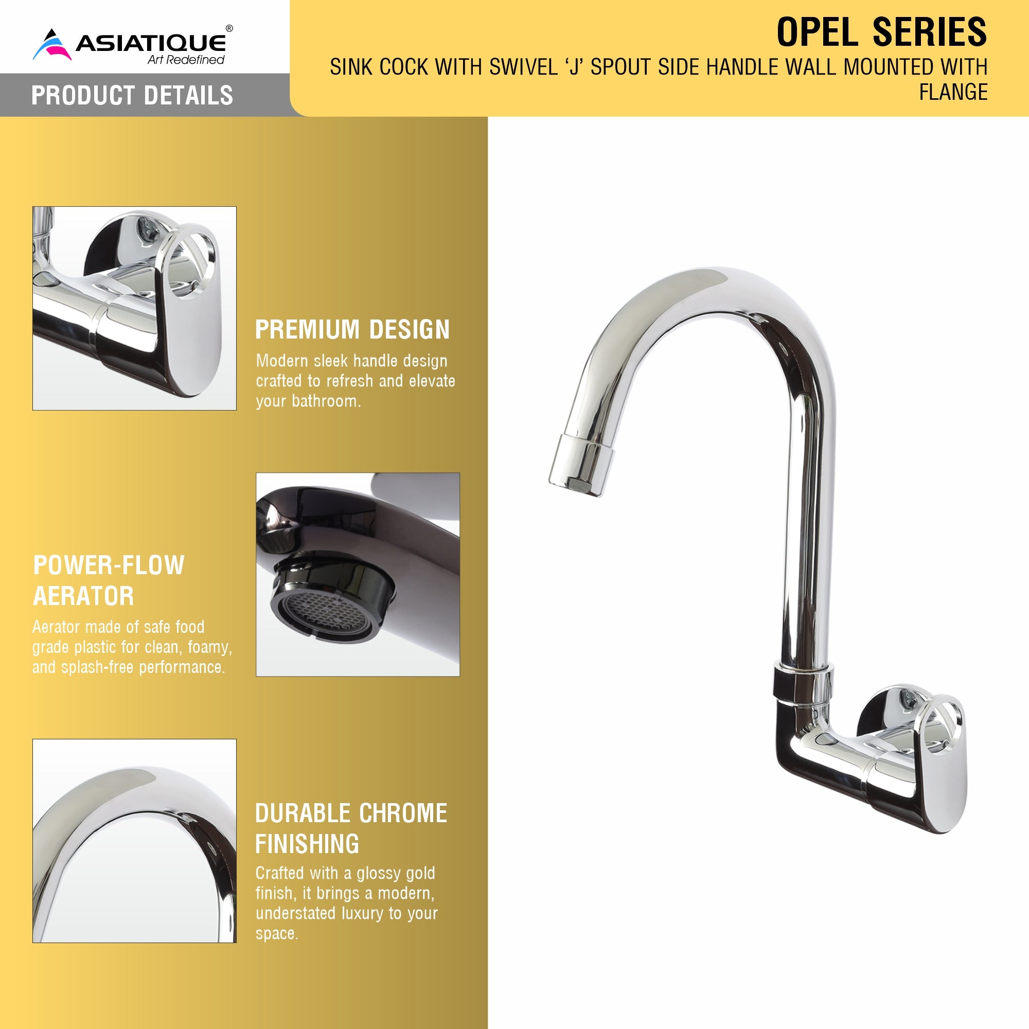 Asiatique Sink Cock With Extended Swivel 'J' Spout Wall Mounted With Flange (OP-008), OPPO Series Premium Faucets & Mixers