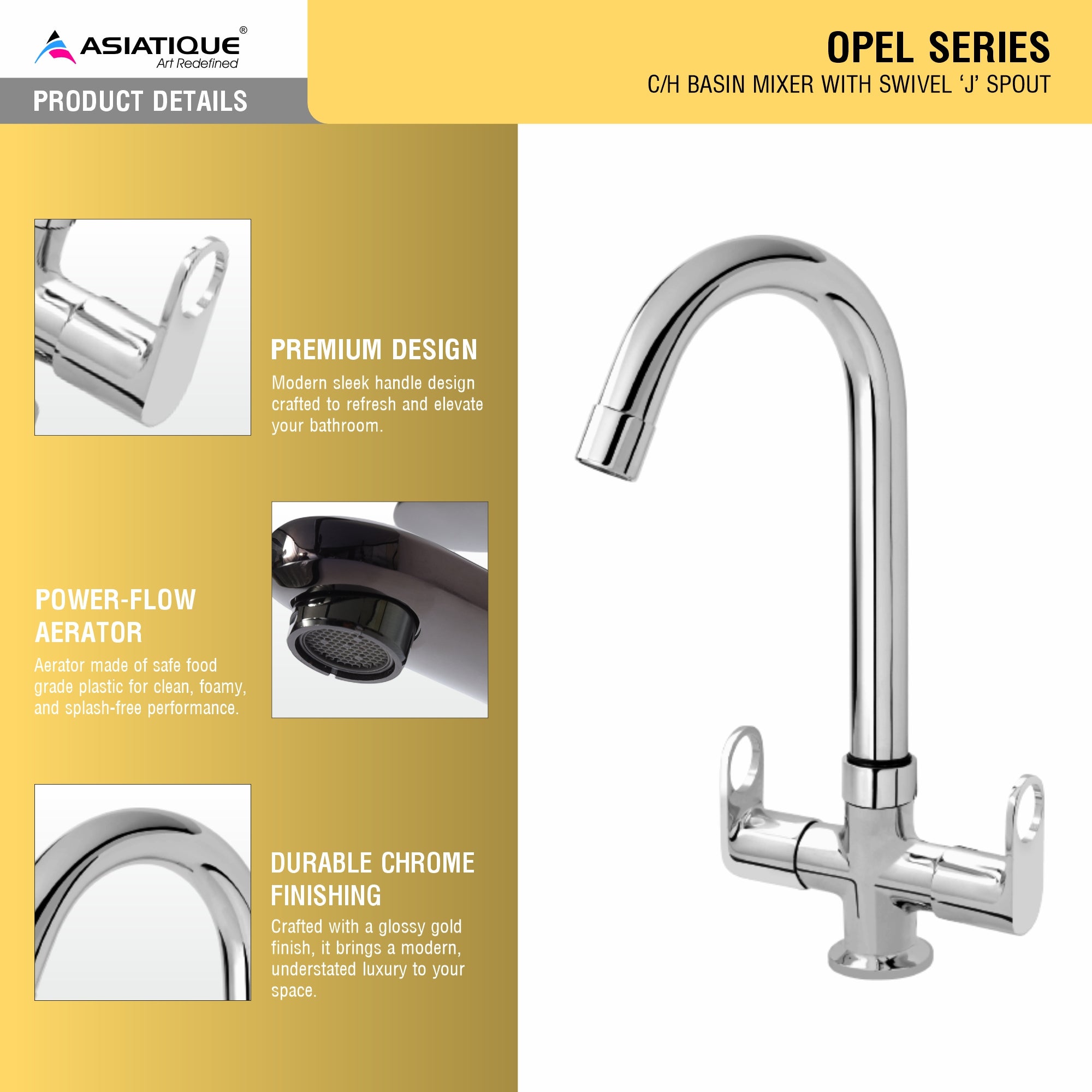 Asiatique C/H Basin Mixer With Extended Swivel 'J' Spout (OP-011), OPPO Series Premium Faucets & Mixers