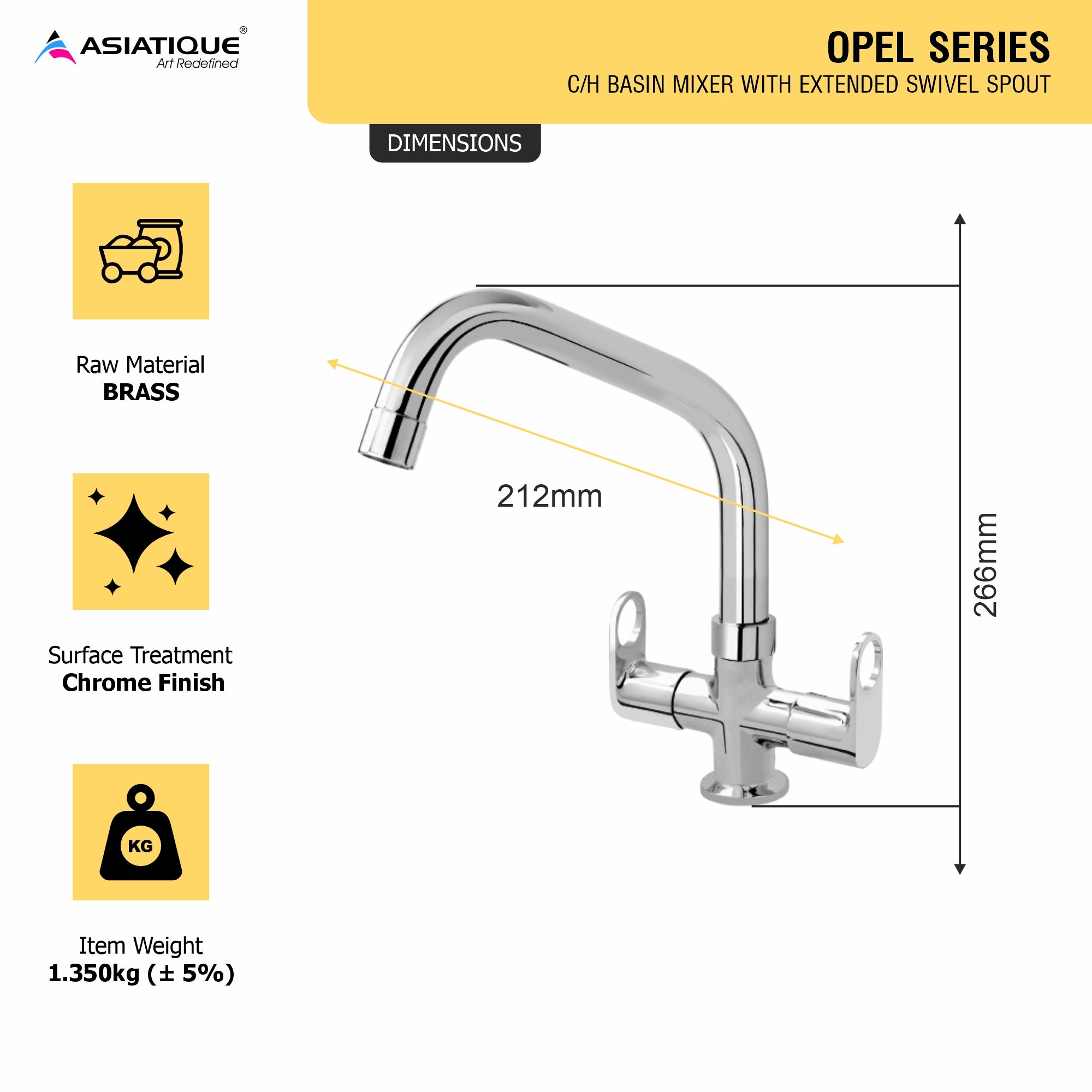 Asiatique C/H Basin Mixer With Extended Swivel Spout (OP-011EX), OPPO Series Premium Faucets & Mixers