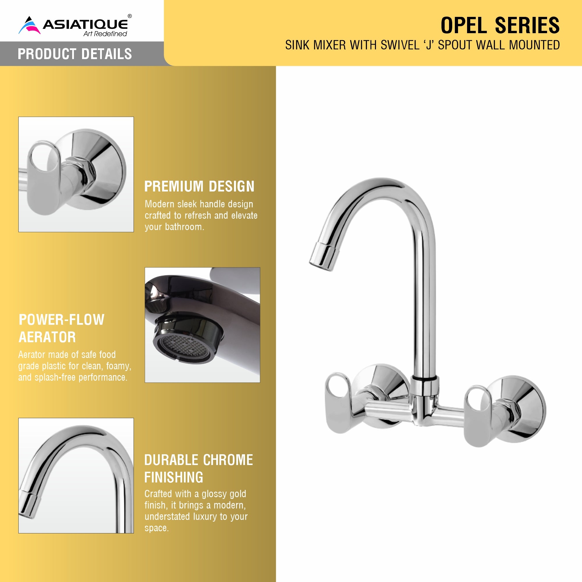 Asiatique Sink Mixer with Extended Swivel 'J' Spout Wall Mounted (OP-013), OPPO Series Premium Faucets & Mixers (Copy)