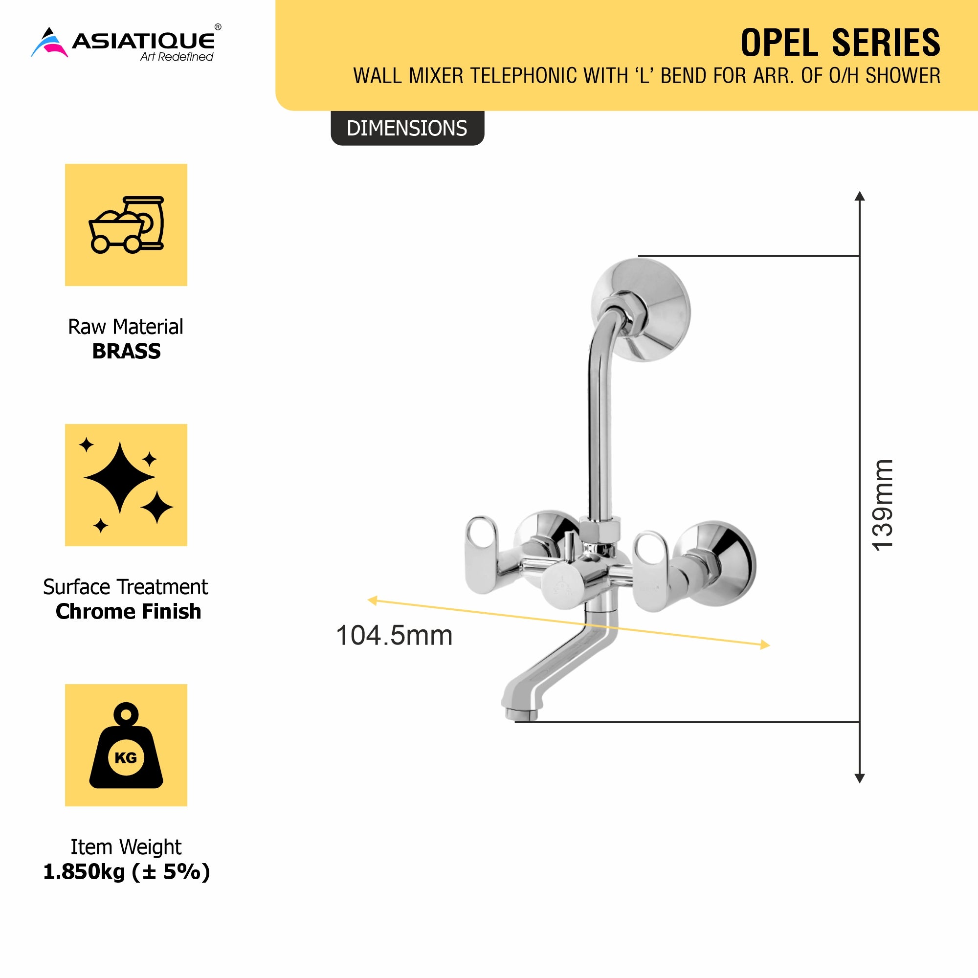 Asiatique Wall Mixer Telephonic With 'L' Bend for ARR .of O/H Shower (OP-017), OPPO Series Premium Faucets & Mixers