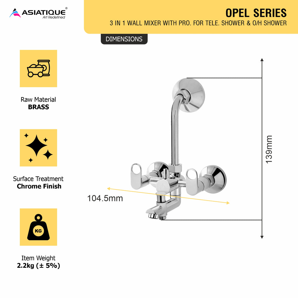 Asiatique 3 in 1 Wall Mixer With Pro. for Tele. Shower & O/H Shower (OP-018), OPPO Series Premium Faucets & Mixers