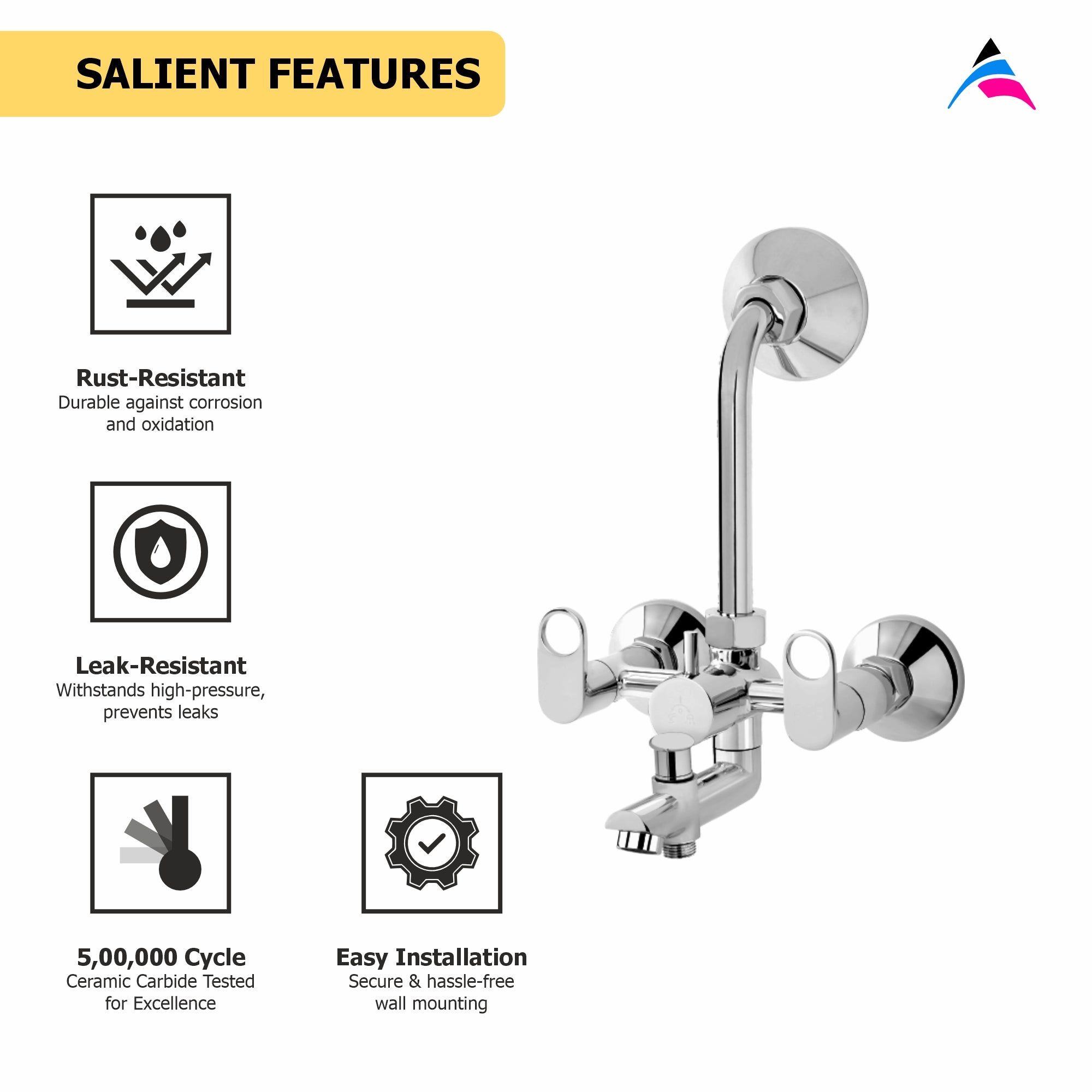 Asiatique 3 in 1 Wall Mixer With Pro. for Tele. Shower & O/H Shower (OP-018), OPPO Series Premium Faucets & Mixers