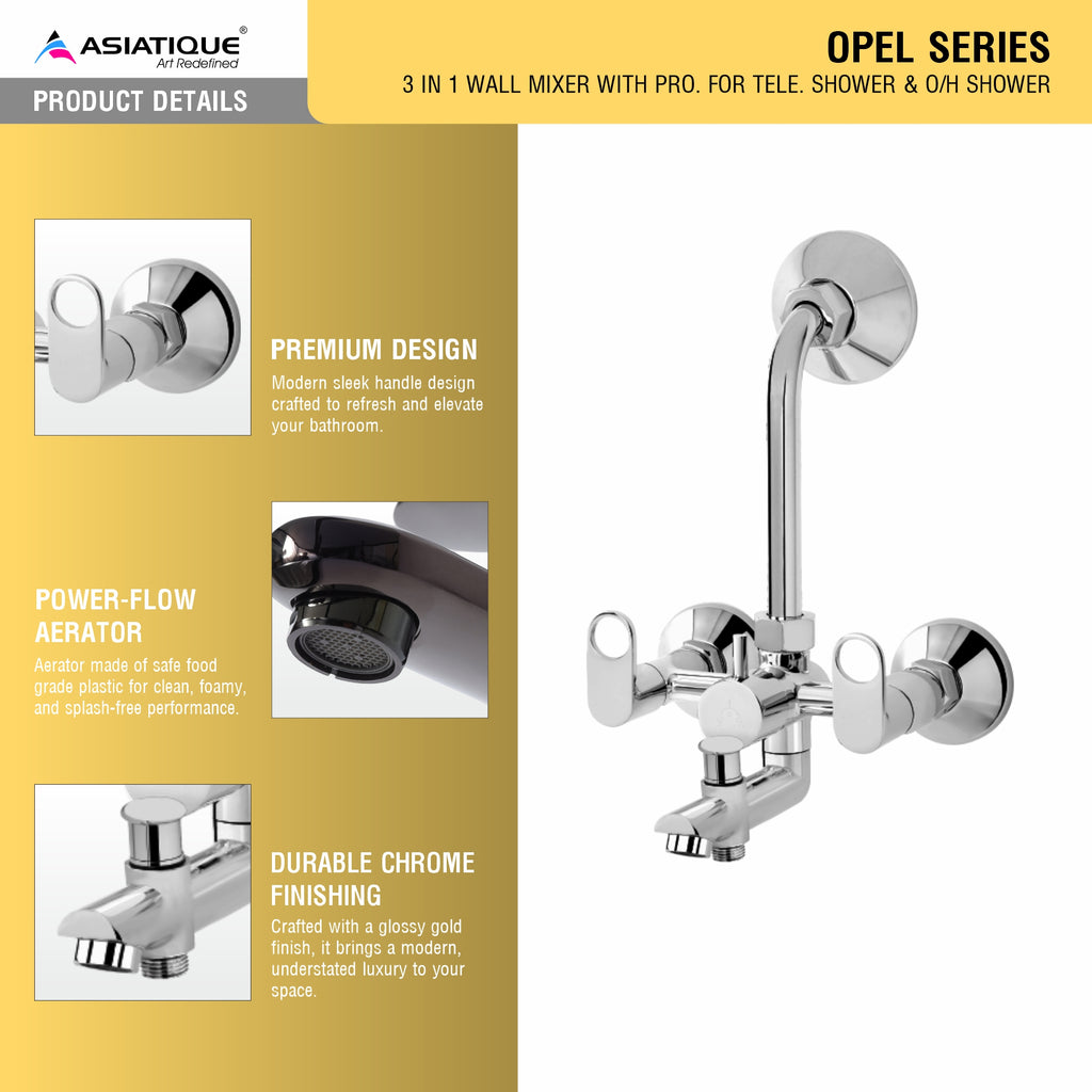 Asiatique 3 in 1 Wall Mixer With Pro. for Tele. Shower & O/H Shower (OP-018), OPPO Series Premium Faucets & Mixers