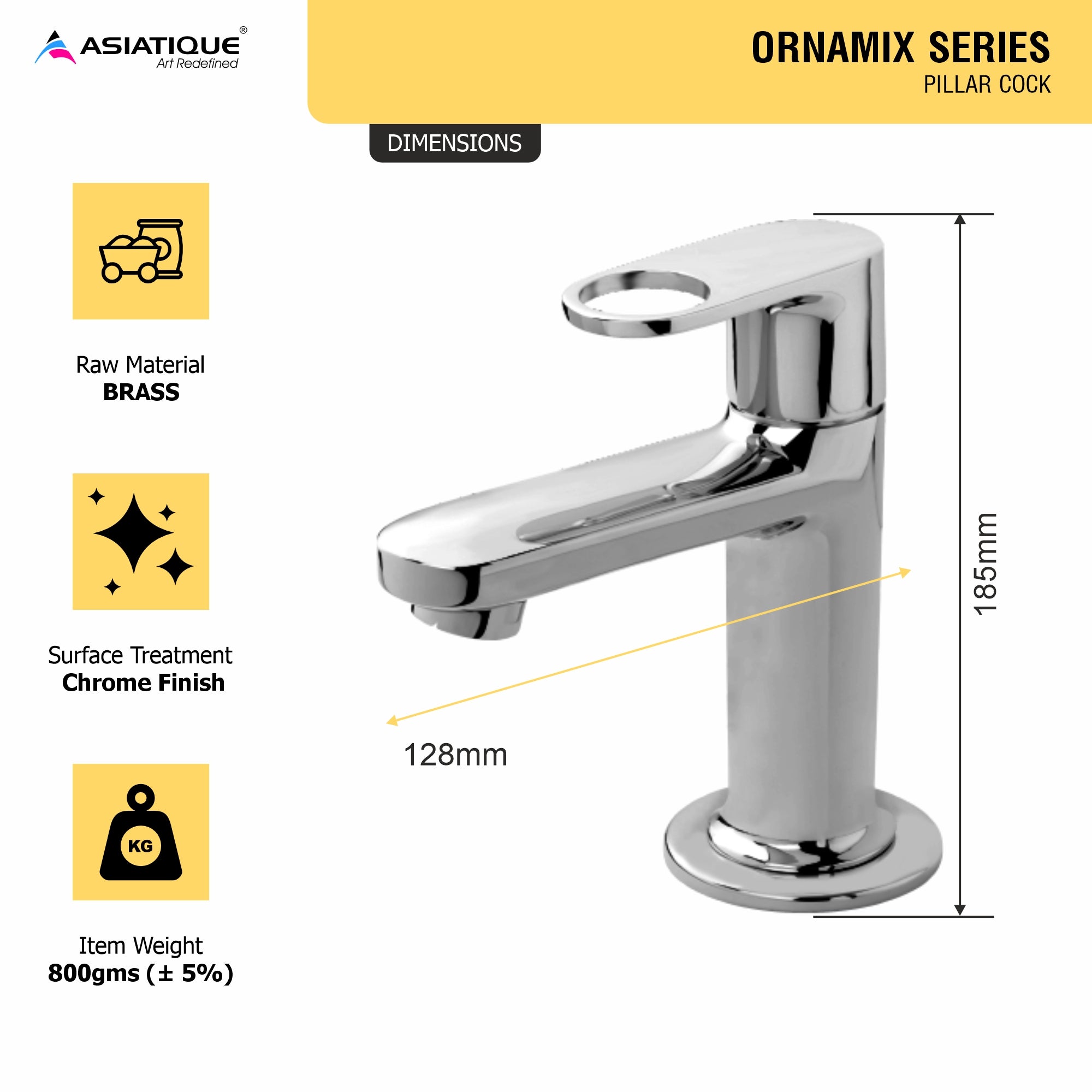 Asiatique Pillar Cock (OR-000), Ornamix Series Brass Faucets & Bath Fittings, Chrome Finish Premium Collection