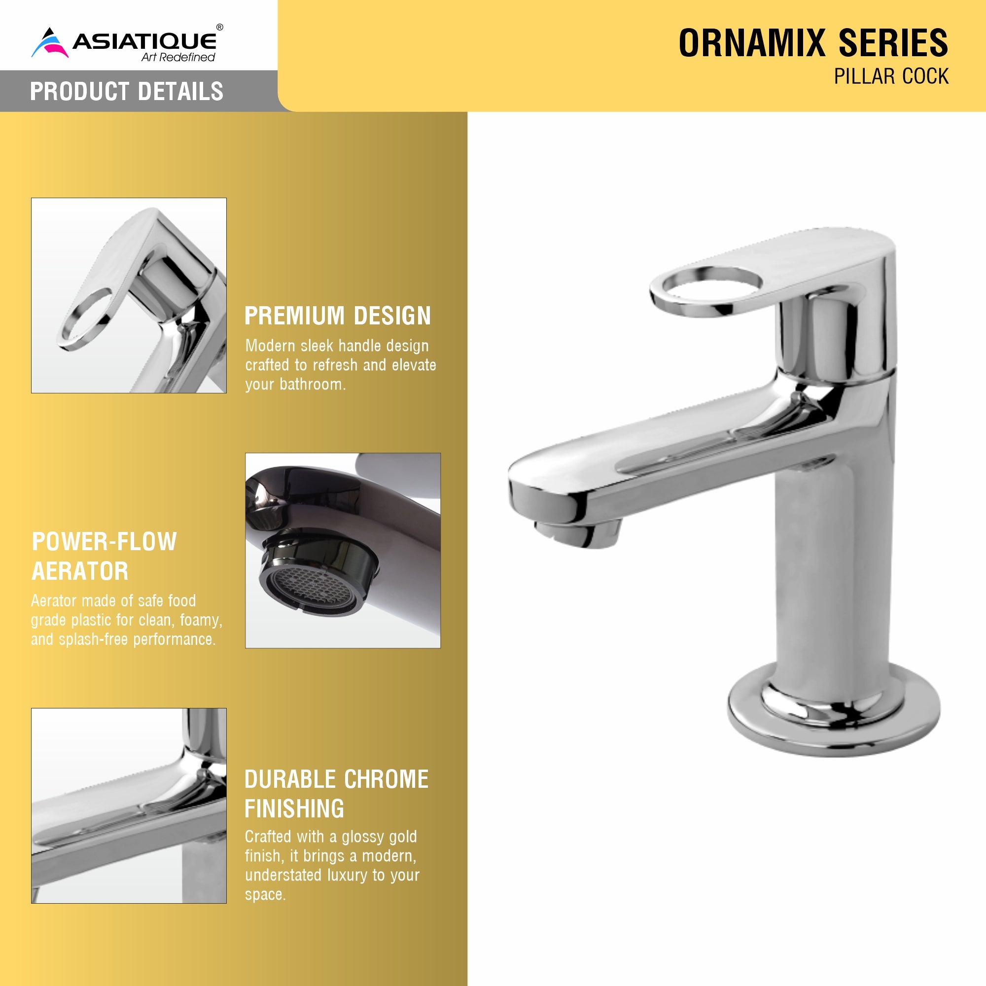 Asiatique Pillar Cock (OR-000), Ornamix Series Brass Faucets & Bath Fittings, Chrome Finish Premium Collection
