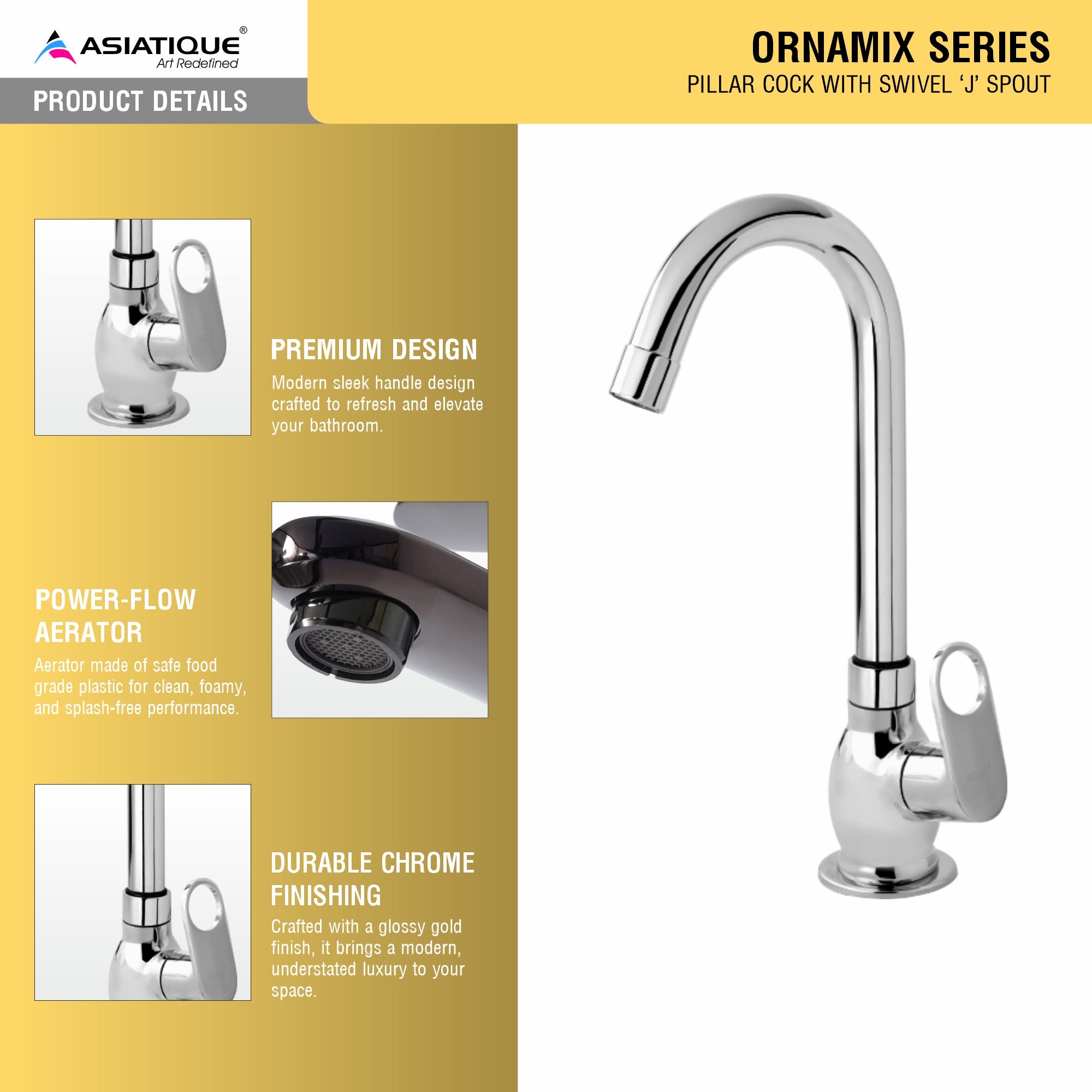 Asiatique Pillar Cock With Swivel ‘J’ Spout (OR-002), Ornamix Series Brass Faucets & Bath Fittings, Chrome Finish Premium Collection