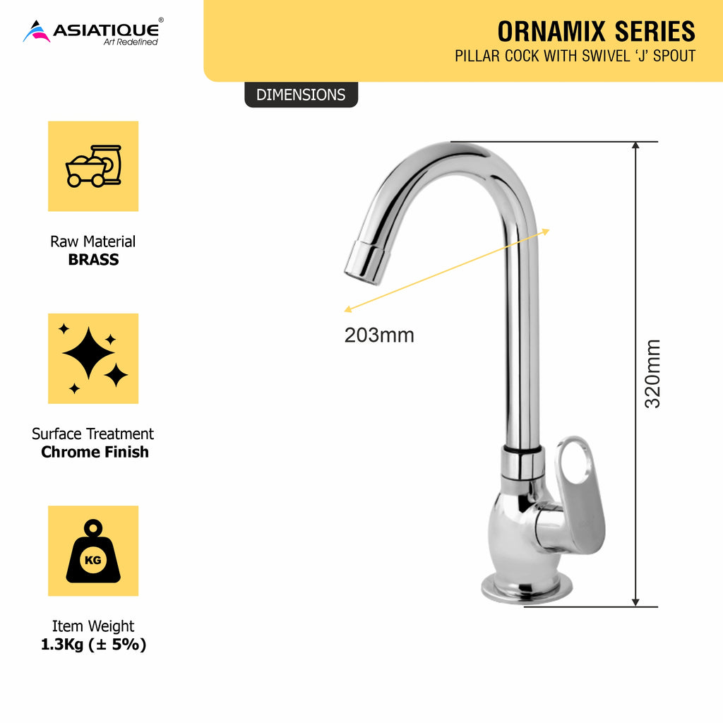 Asiatique Pillar Cock With Swivel ‘J’ Spout (OR-002), Ornamix Series Brass Faucets & Bath Fittings, Chrome Finish Premium Collection