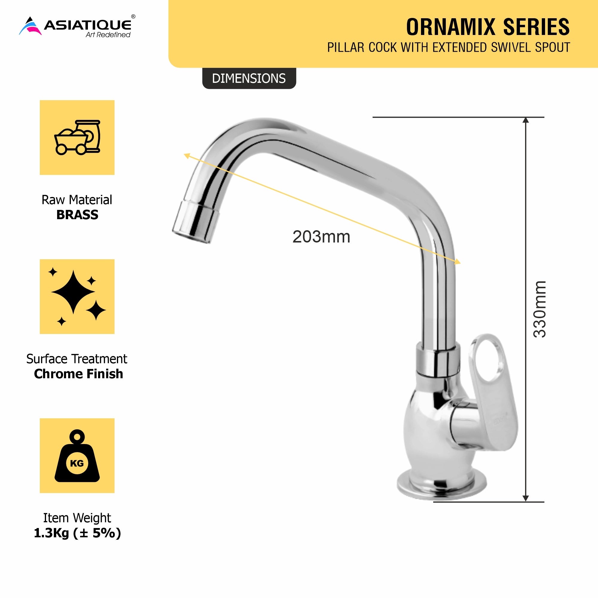 Asiatique Pillar Cock With Extended Swivel Spout (OR-002EX), Ornamix Series Brass Faucets & Bath Fittings, Chrome Finish Premium Collection
