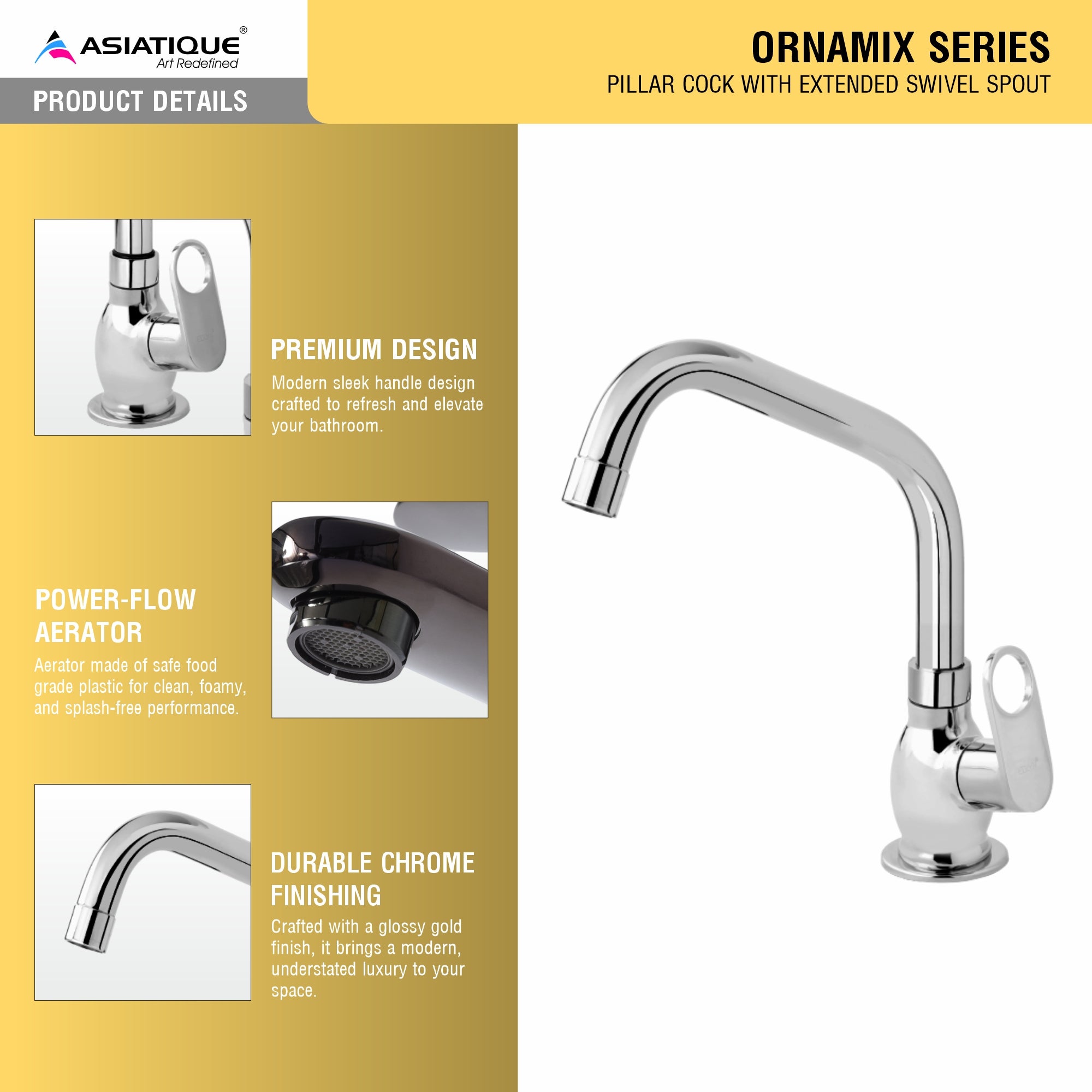 Asiatique Pillar Cock With Extended Swivel Spout (OR-002EX), Ornamix Series Brass Faucets & Bath Fittings, Chrome Finish Premium Collection