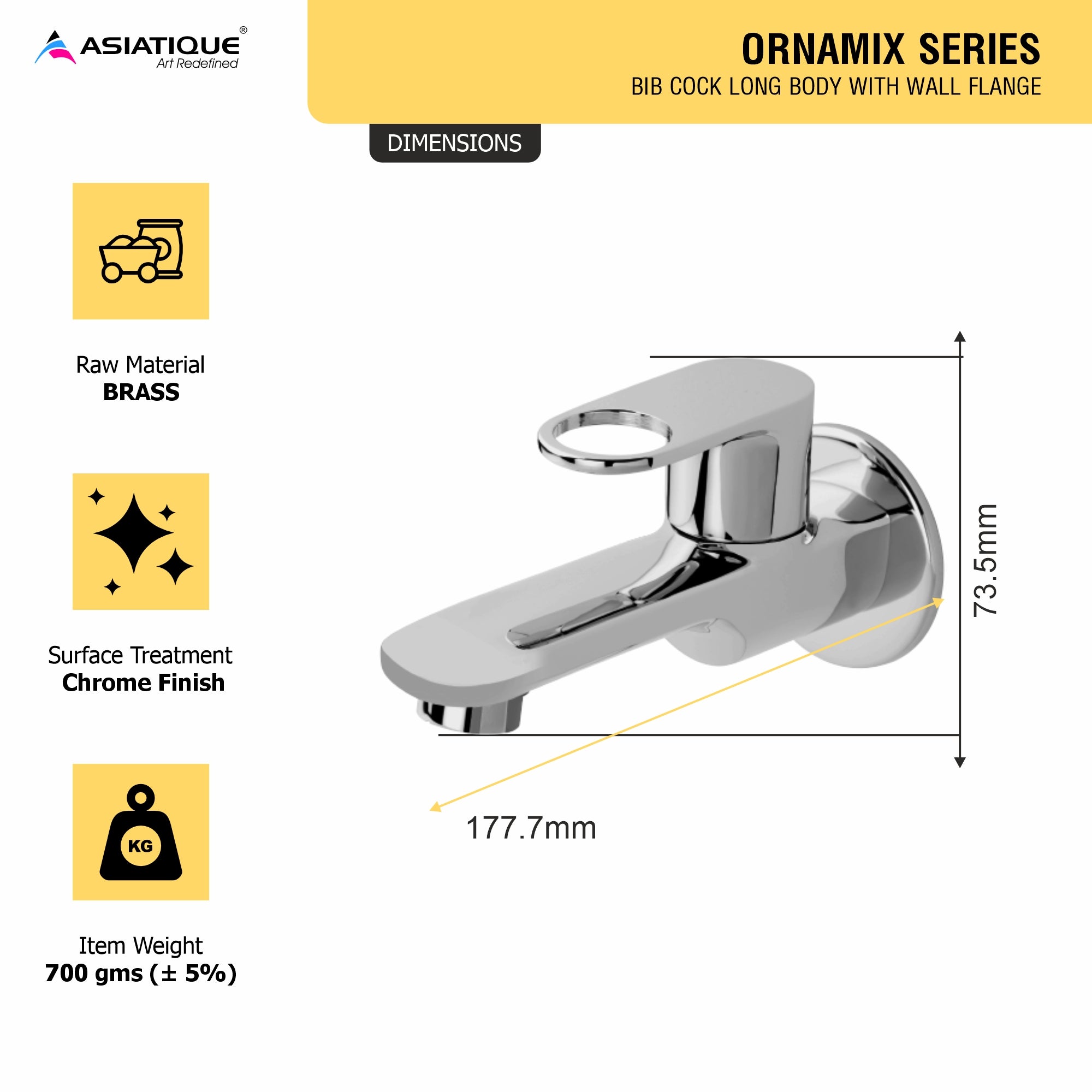 Asiatique Bib Cock Long Body With Wall Flange (OR-004), Ornamix Series Brass Faucets & Bath Fittings, Chrome Finish Premium Collection