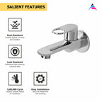 Asiatique Bib Cock Long Body With Wall Flange (OR-004), Ornamix Series Brass Faucets & Bath Fittings, Chrome Finish Premium Collection
