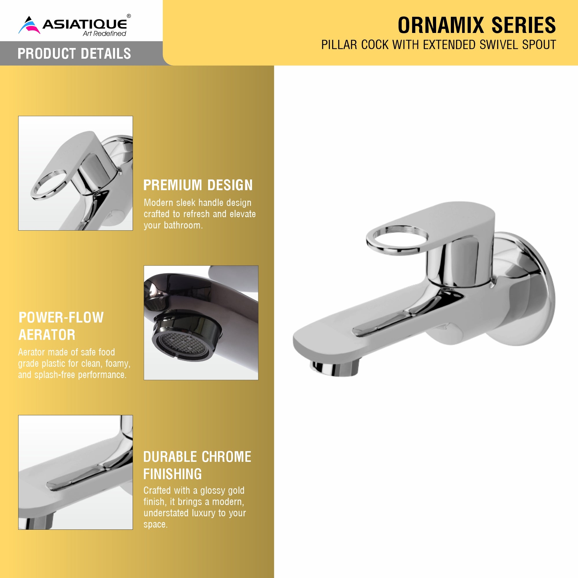 Asiatique Bib Cock Long Body With Wall Flange (OR-004), Ornamix Series Brass Faucets & Bath Fittings, Chrome Finish Premium Collection