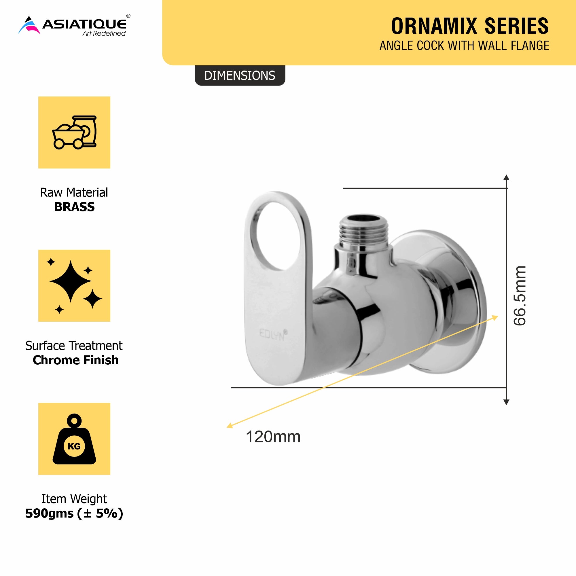 Asiatique Angle Cock With Wall Flange (OR-005), Ornamix Series Brass Faucets & Bath Fittings, Chrome Finish Premium Collection