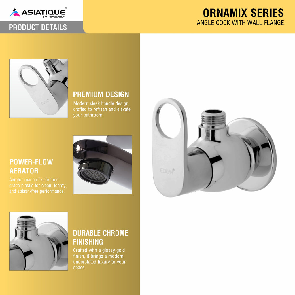 Asiatique Angle Cock With Wall Flange (OR-005), Ornamix Series Brass Faucets & Bath Fittings, Chrome Finish Premium Collection