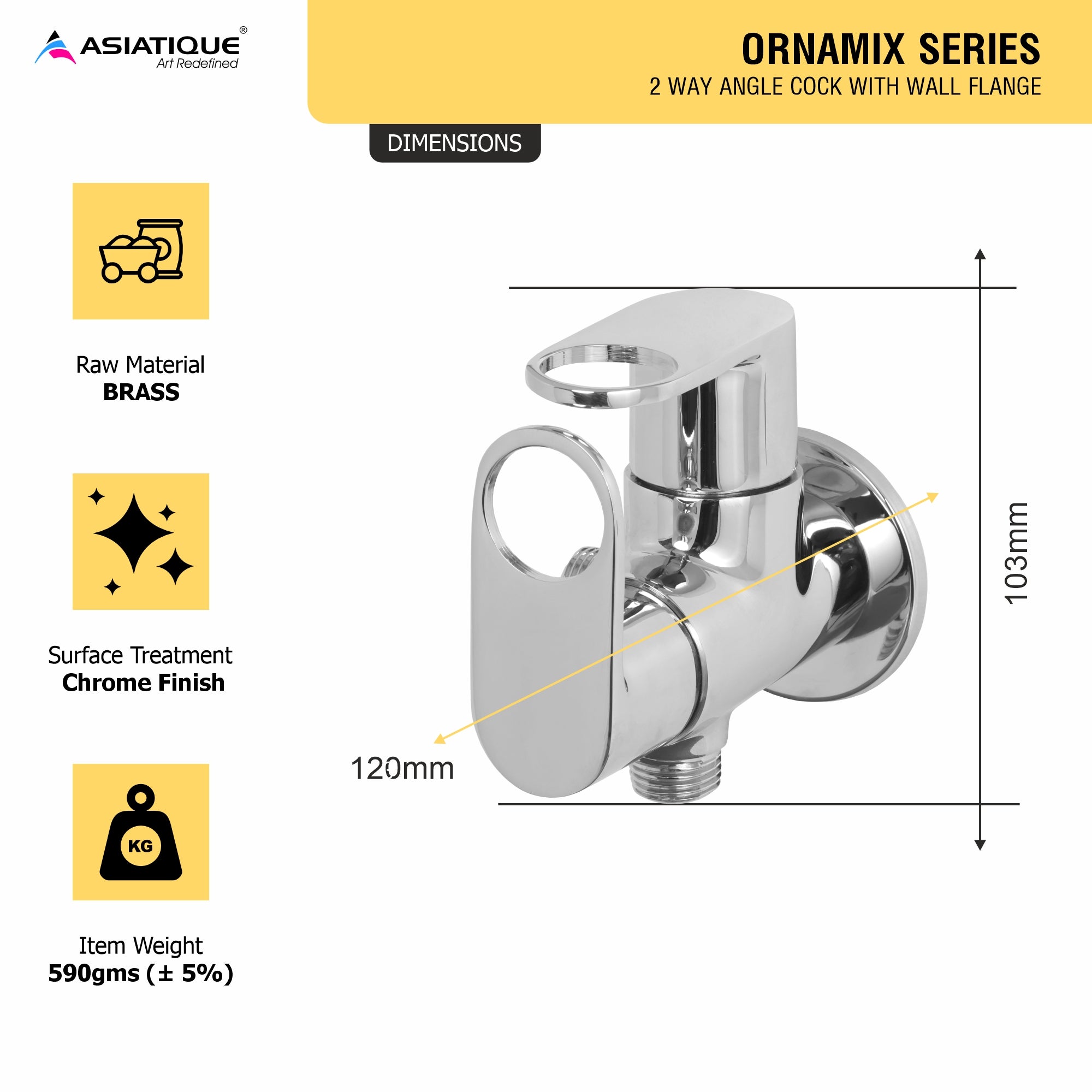 Asiatique 2 Way Angle Cock With Wall Flange (OR-005 TW), Ornamix Series Brass Faucets & Bath Fittings, Chrome Finish Premium Collection