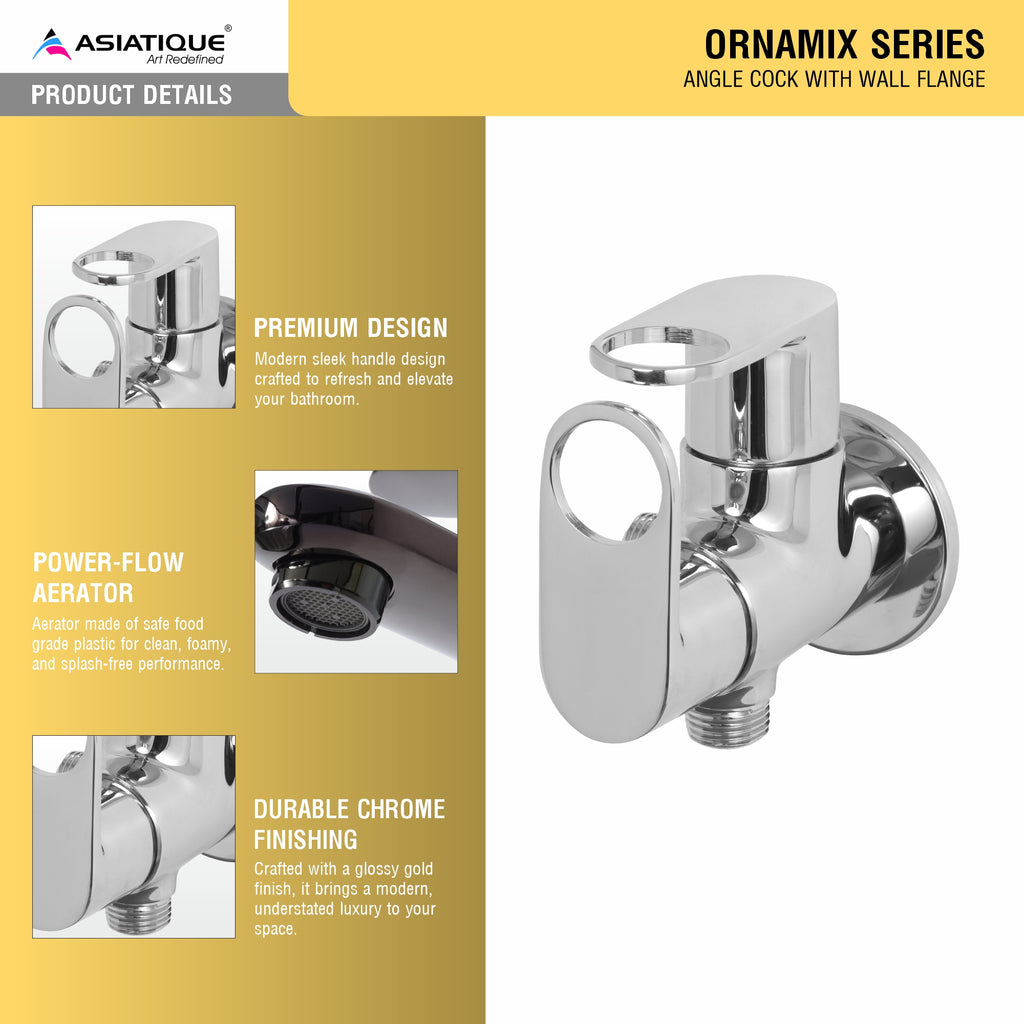 Asiatique 2 Way Angle Cock With Wall Flange (OR-005 TW), Ornamix Series Brass Faucets & Bath Fittings, Chrome Finish Premium Collection