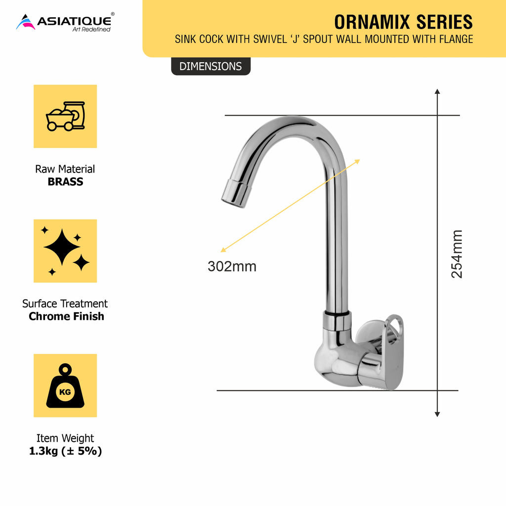 Asiatique Sink Cock With Swivel ‘J’ Spout Wall Mounted With Flange (OR-008), Ornamix Series Brass Faucets & Bath Fittings, Chrome Finish Premium Collection