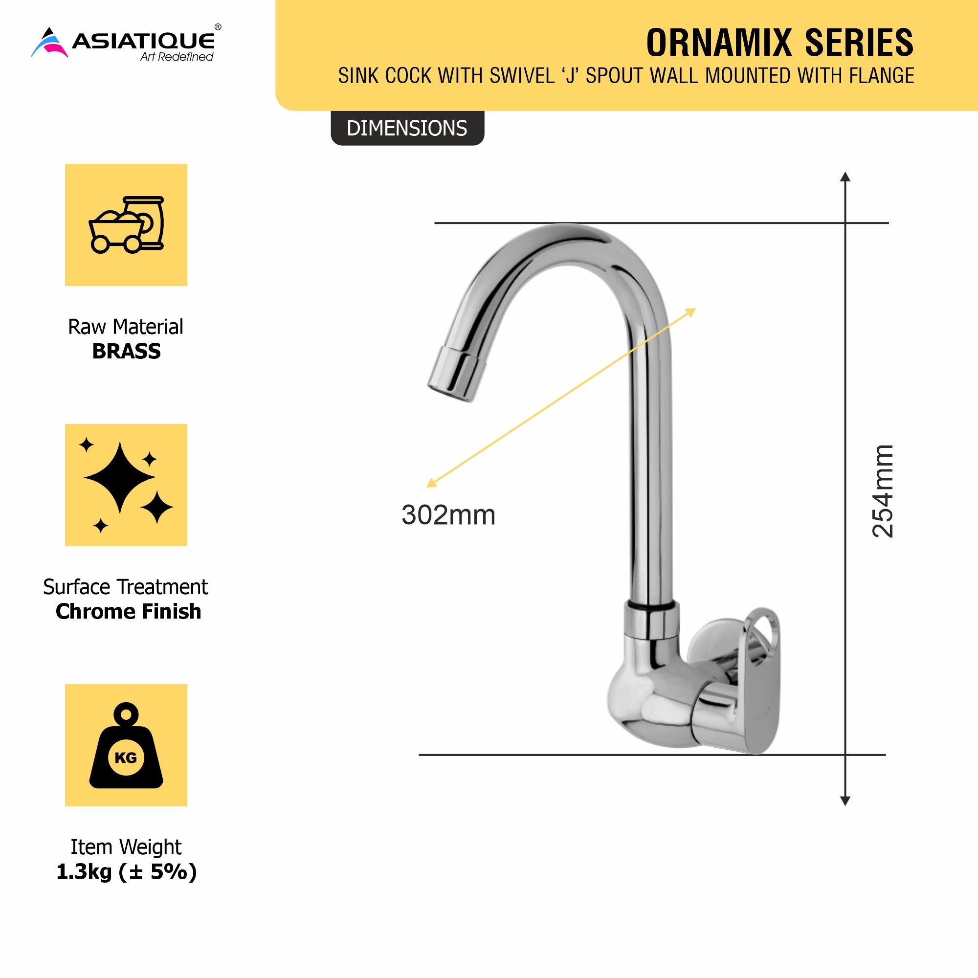 Asiatique Sink Cock With Swivel ‘J’ Spout Wall Mounted With Flange (OR-008), Ornamix Series Brass Faucets & Bath Fittings, Chrome Finish Premium Collection