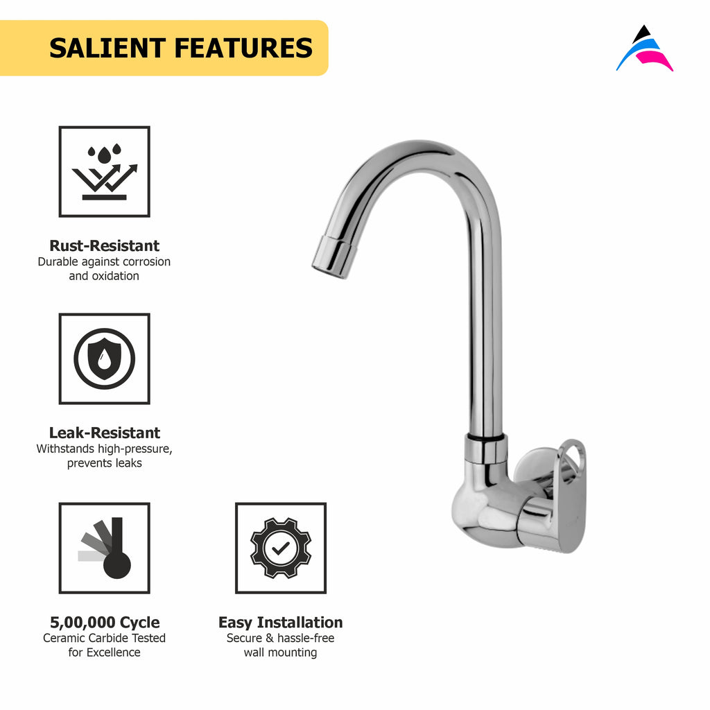 Asiatique Sink Cock With Swivel ‘J’ Spout Wall Mounted With Flange (OR-008), Ornamix Series Brass Faucets & Bath Fittings, Chrome Finish Premium Collection
