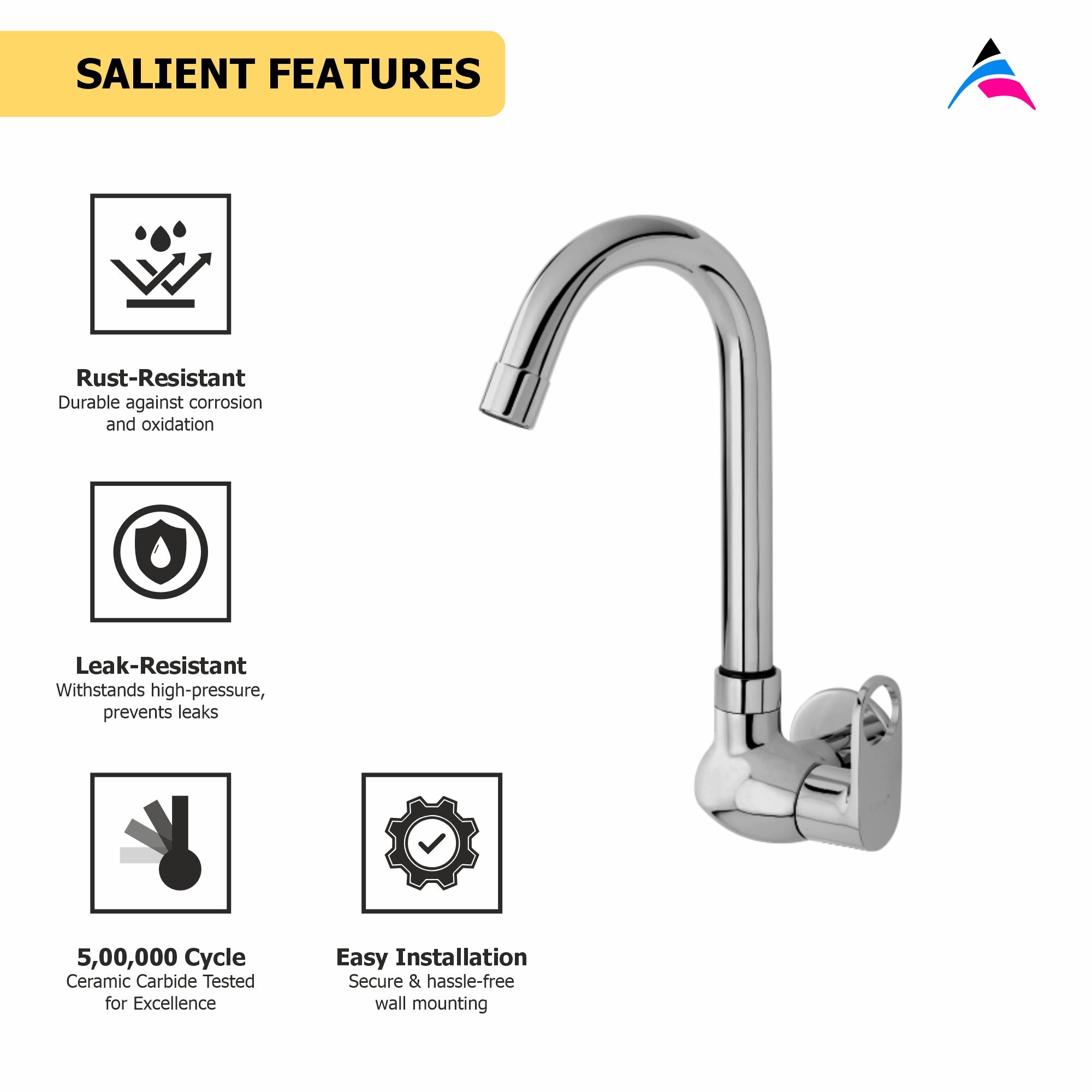 Asiatique Sink Cock With Swivel ‘J’ Spout Wall Mounted With Flange (OR-008), Ornamix Series Brass Faucets & Bath Fittings, Chrome Finish Premium Collection