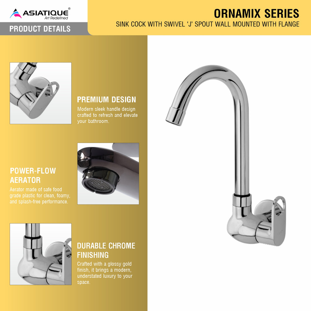 Asiatique Sink Cock With Swivel ‘J’ Spout Wall Mounted With Flange (OR-008), Ornamix Series Brass Faucets & Bath Fittings, Chrome Finish Premium Collection