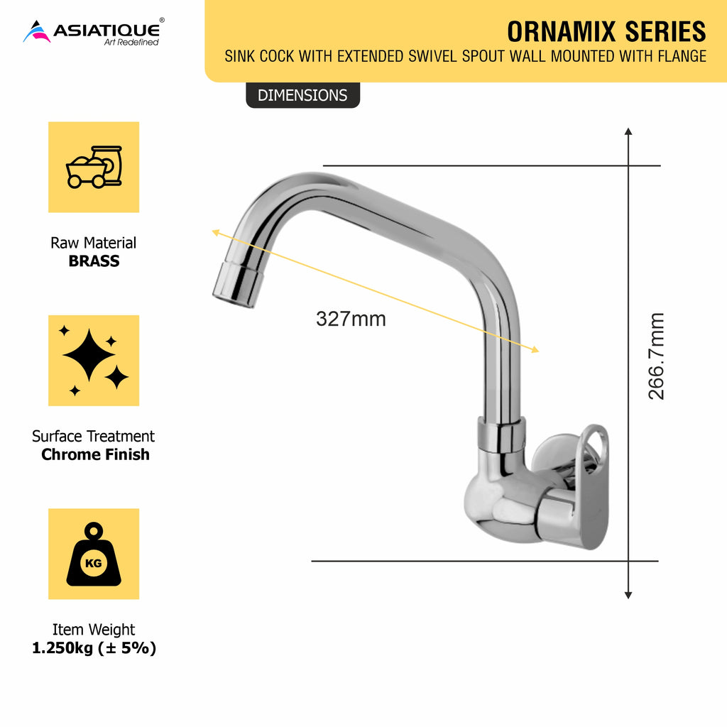 Asiatique Sink Cock With Extended Swivel Spout Wall Mounted With Flange (OR-008EX), Ornamix Series Brass Faucets & Bath Fittings, Chrome Finish Premium Collection