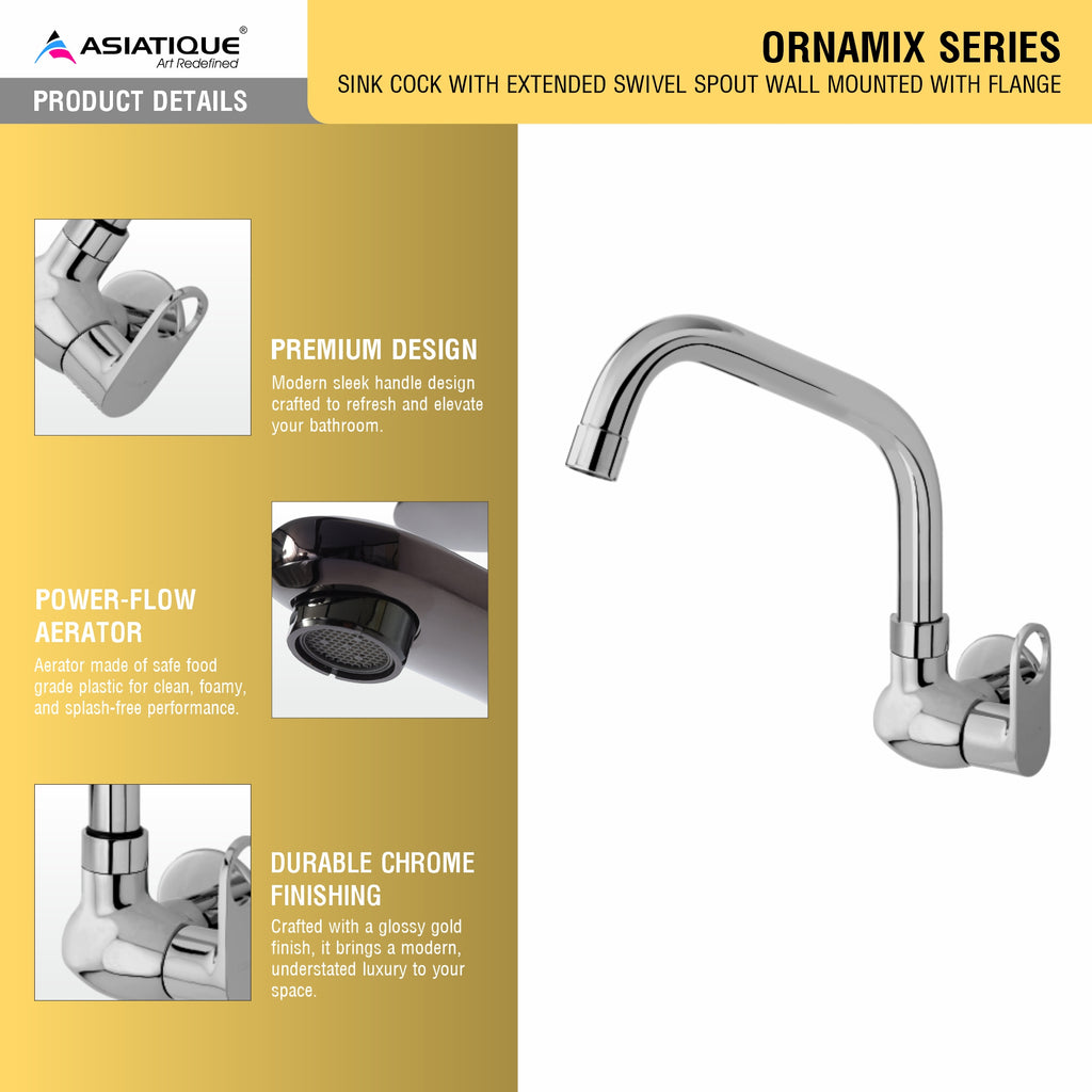 Asiatique Sink Cock With Extended Swivel Spout Wall Mounted With Flange (OR-008EX), Ornamix Series Brass Faucets & Bath Fittings, Chrome Finish Premium Collection