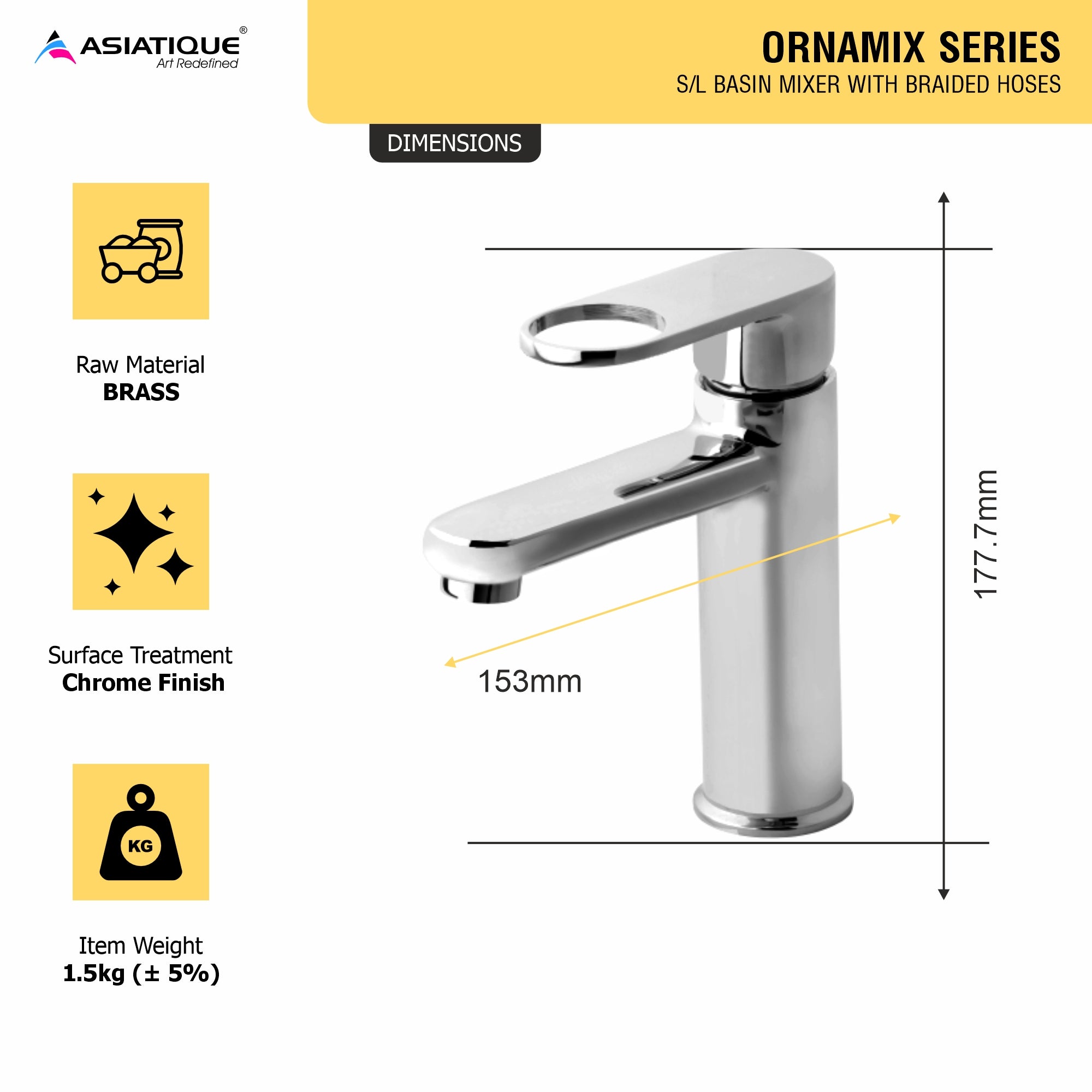 Asiatique S/L Basin Mixer With Braided Hoses (OR-009), Ornamix Series Brass Faucets & Bath Fittings, Chrome Finish Premium Collection