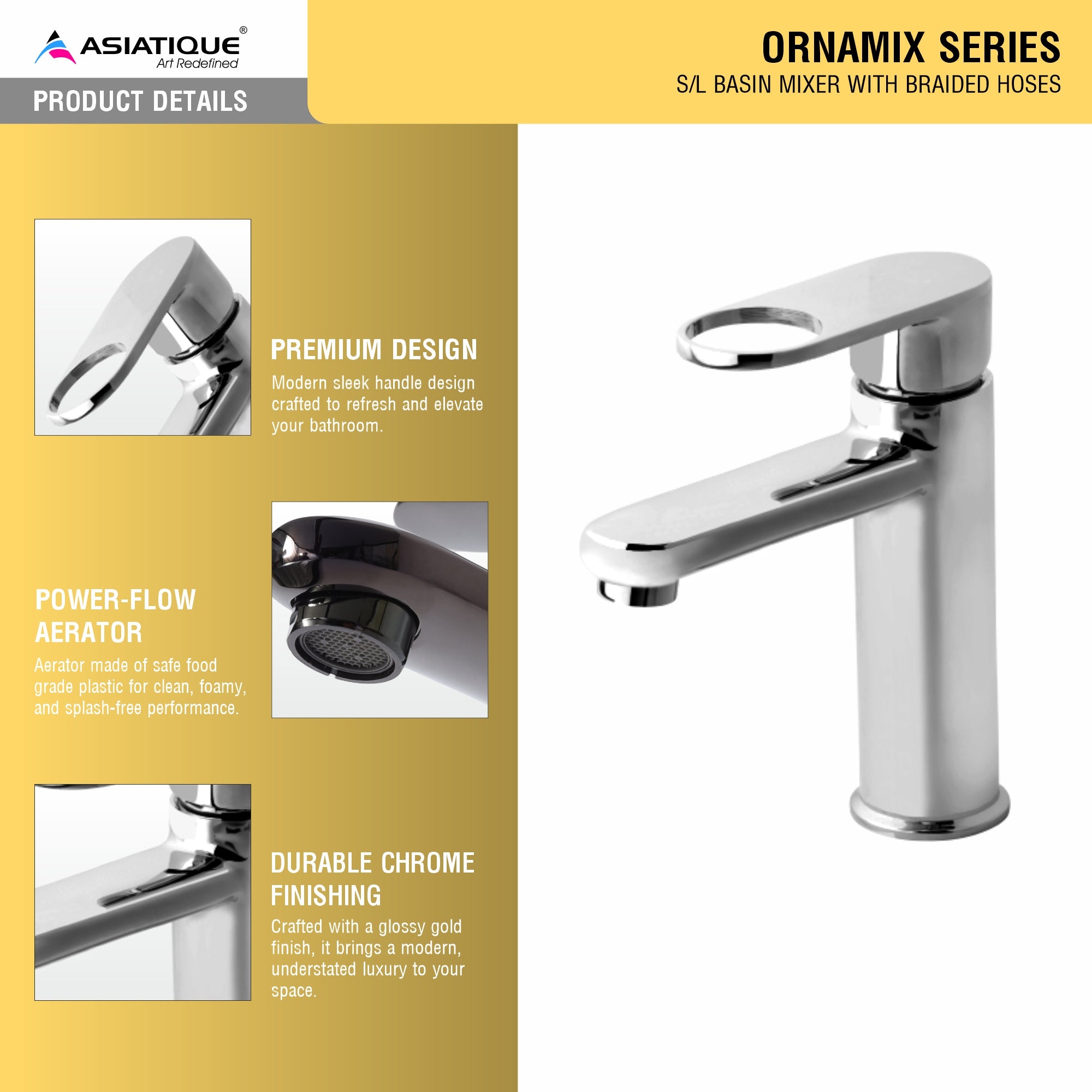 Asiatique S/L Basin Mixer With Braided Hoses (OR-009), Ornamix Series Brass Faucets & Bath Fittings, Chrome Finish Premium Collection