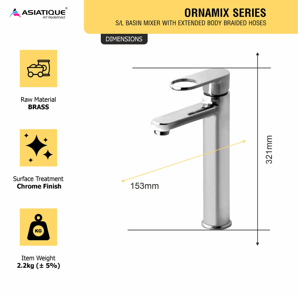 Asiatique S/L Basin Mixer With Extended Body Braided Hoses (OR-009EX), Ornamix Series Brass Faucets & Bath Fittings, Chrome Finish Premium Collection