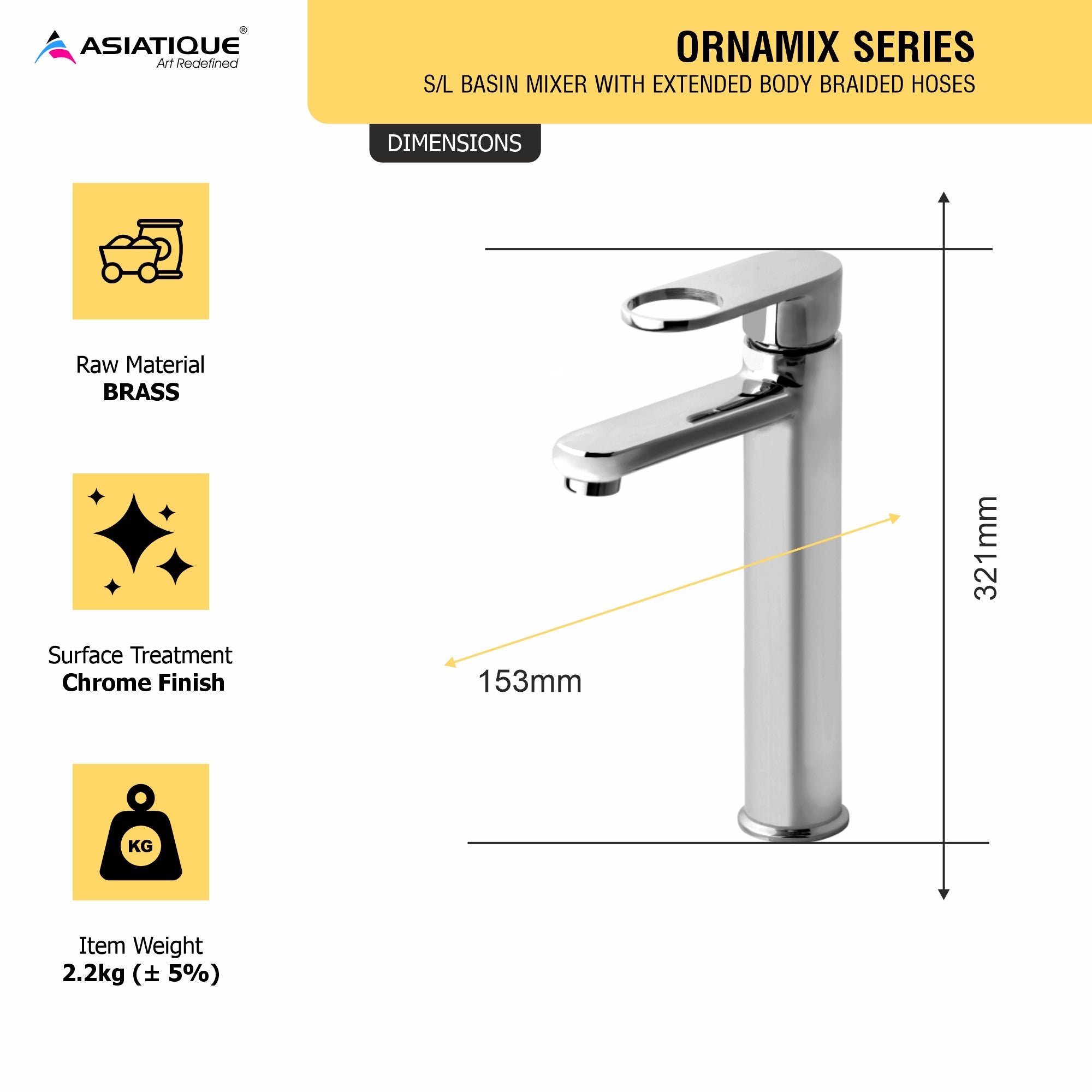 Asiatique S/L Basin Mixer With Extended Body Braided Hoses (OR-009EX), Ornamix Series Brass Faucets & Bath Fittings, Chrome Finish Premium Collection