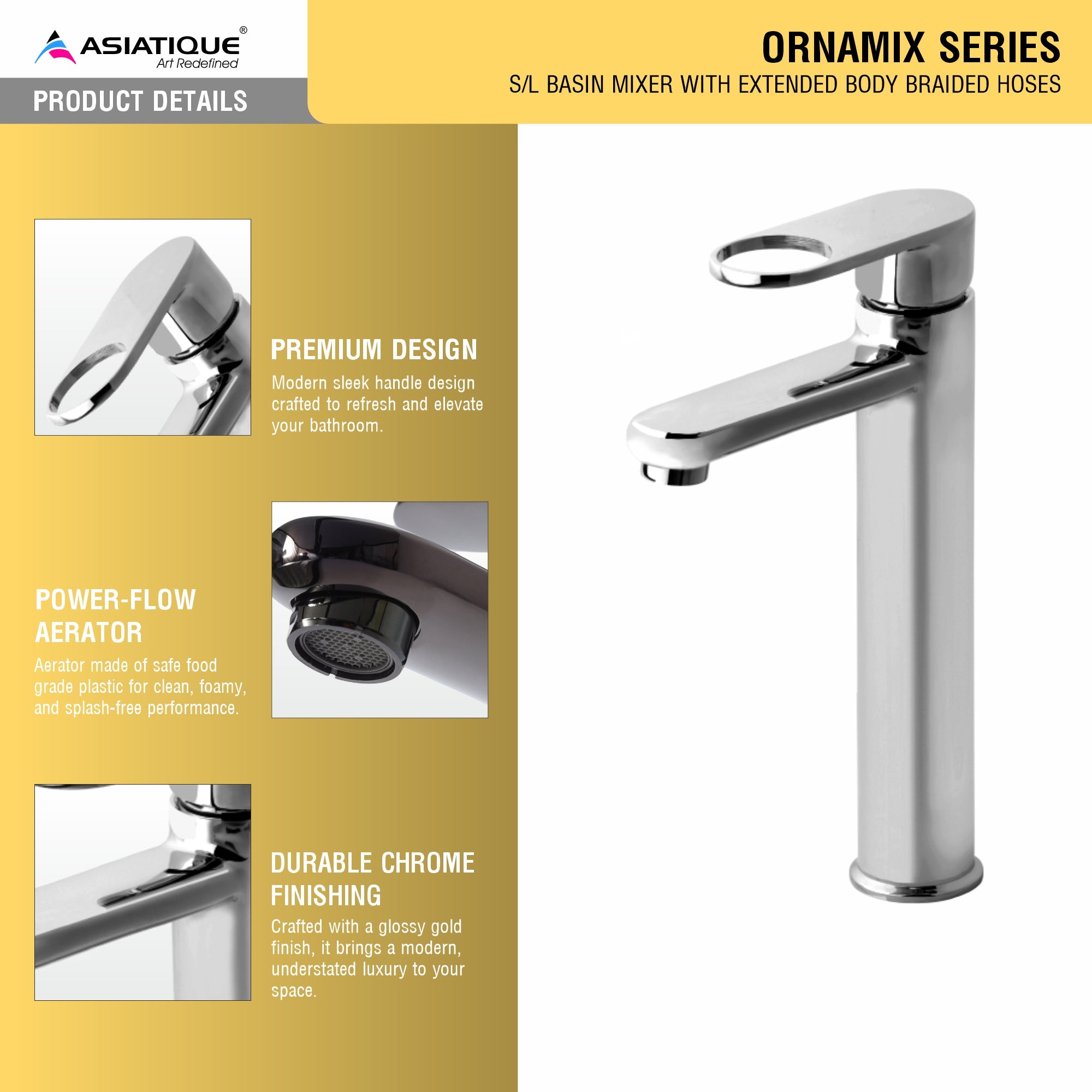 Asiatique S/L Basin Mixer With Extended Body Braided Hoses (OR-009EX), Ornamix Series Brass Faucets & Bath Fittings, Chrome Finish Premium Collection