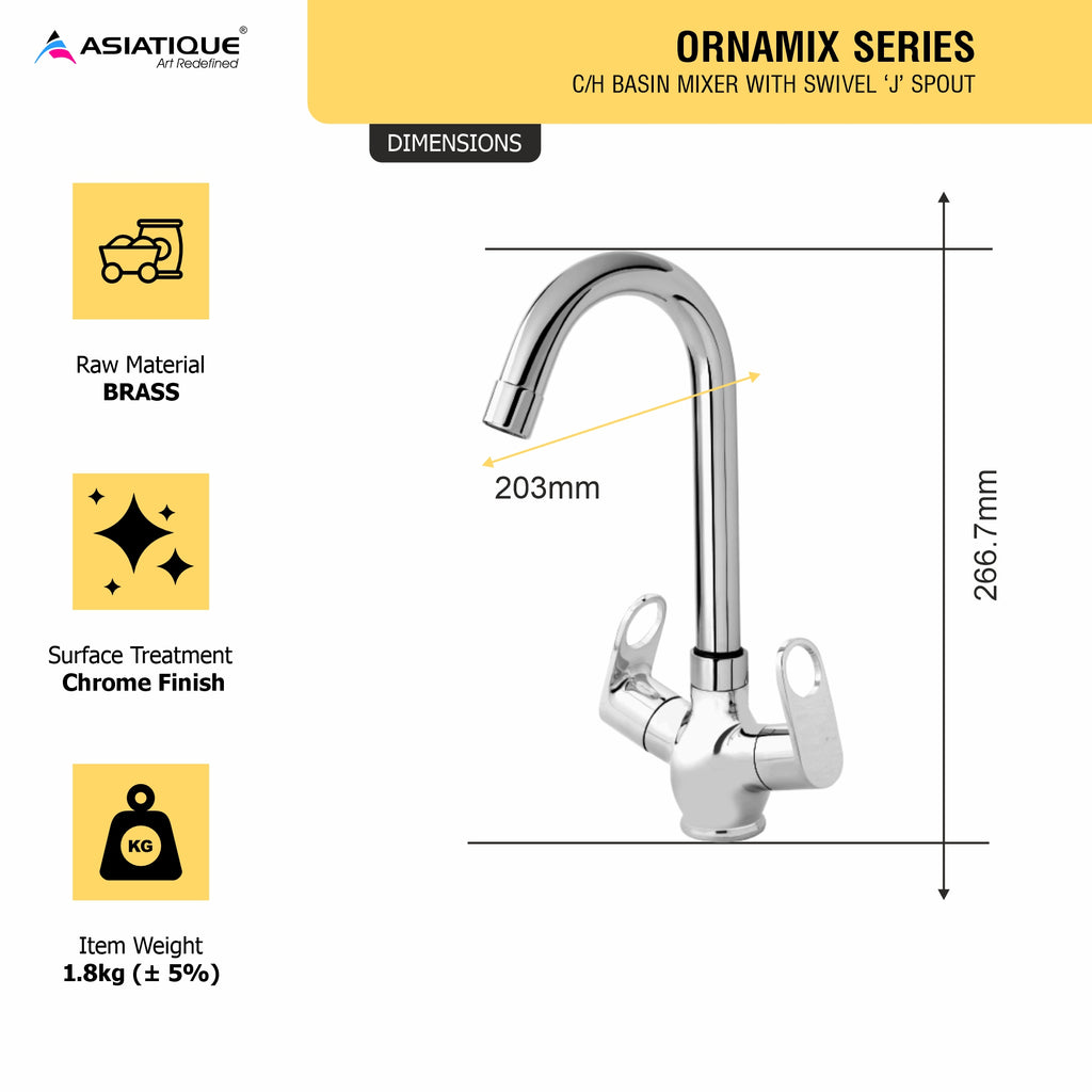 Asiatique C/H Basin Mixer With Swivel ‘J’ Spout (OR-011), Ornamix Series Brass Faucets & Bath Fittings, Chrome Finish Premium Collection