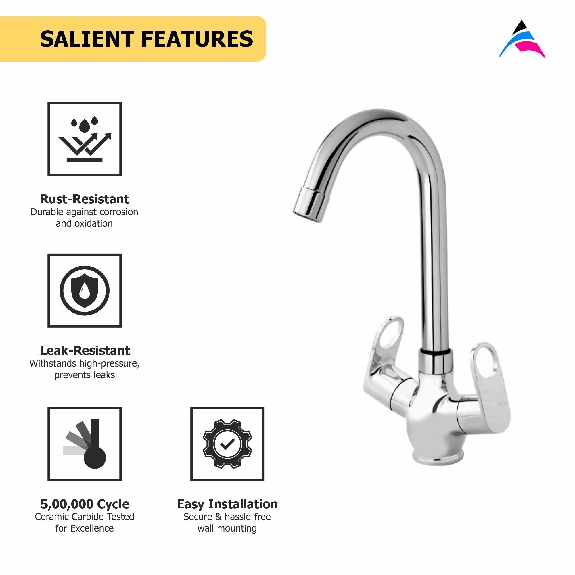 Asiatique C/H Basin Mixer With Swivel ‘J’ Spout (OR-011), Ornamix Series Brass Faucets & Bath Fittings, Chrome Finish Premium Collection