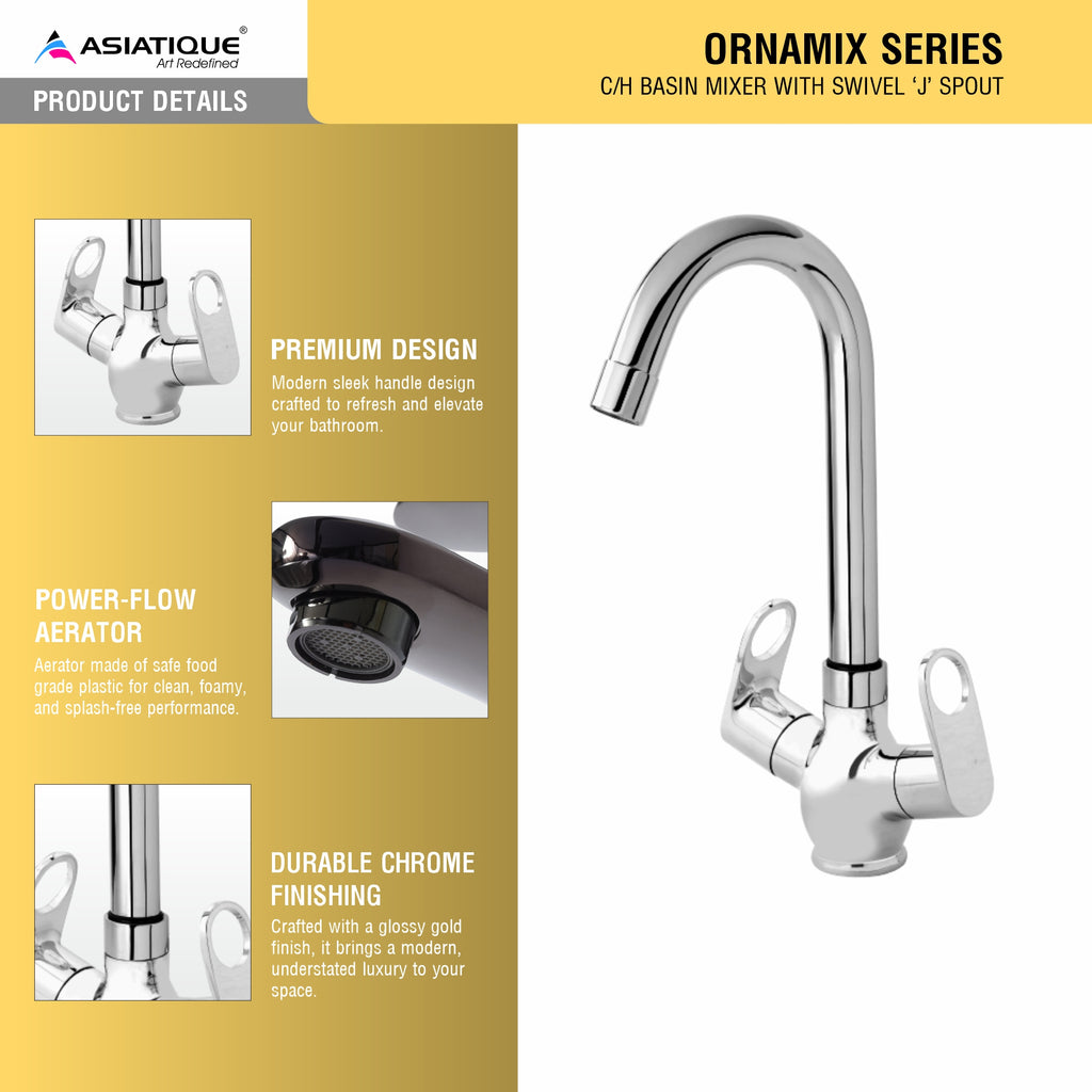 Asiatique C/H Basin Mixer With Swivel ‘J’ Spout (OR-011), Ornamix Series Brass Faucets & Bath Fittings, Chrome Finish Premium Collection