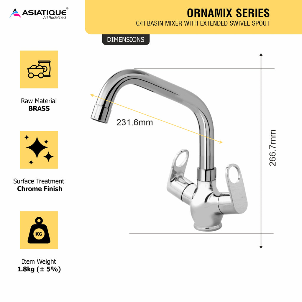 Asiatique C/H Basin Mixer With Extended Swivel Spout (OR-011EX), Ornamix Series Brass Faucets & Bath Fittings, Chrome Finish Premium Collection