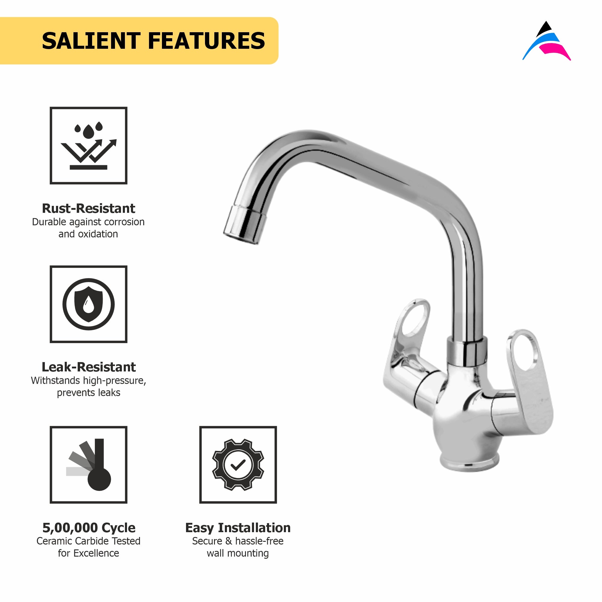 Asiatique C/H Basin Mixer With Extended Swivel Spout (OR-011EX), Ornamix Series Brass Faucets & Bath Fittings, Chrome Finish Premium Collection