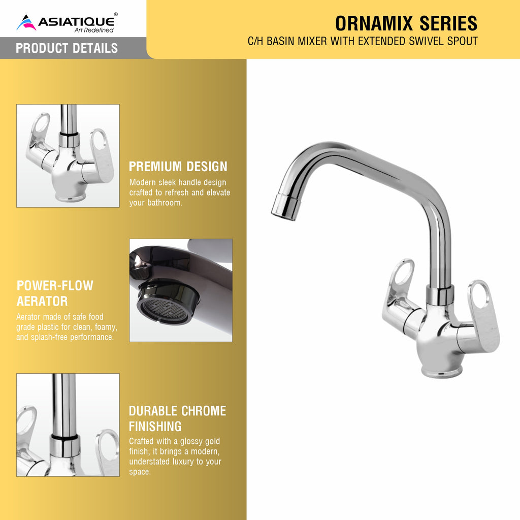 Asiatique C/H Basin Mixer With Extended Swivel Spout (OR-011EX), Ornamix Series Brass Faucets & Bath Fittings, Chrome Finish Premium Collection