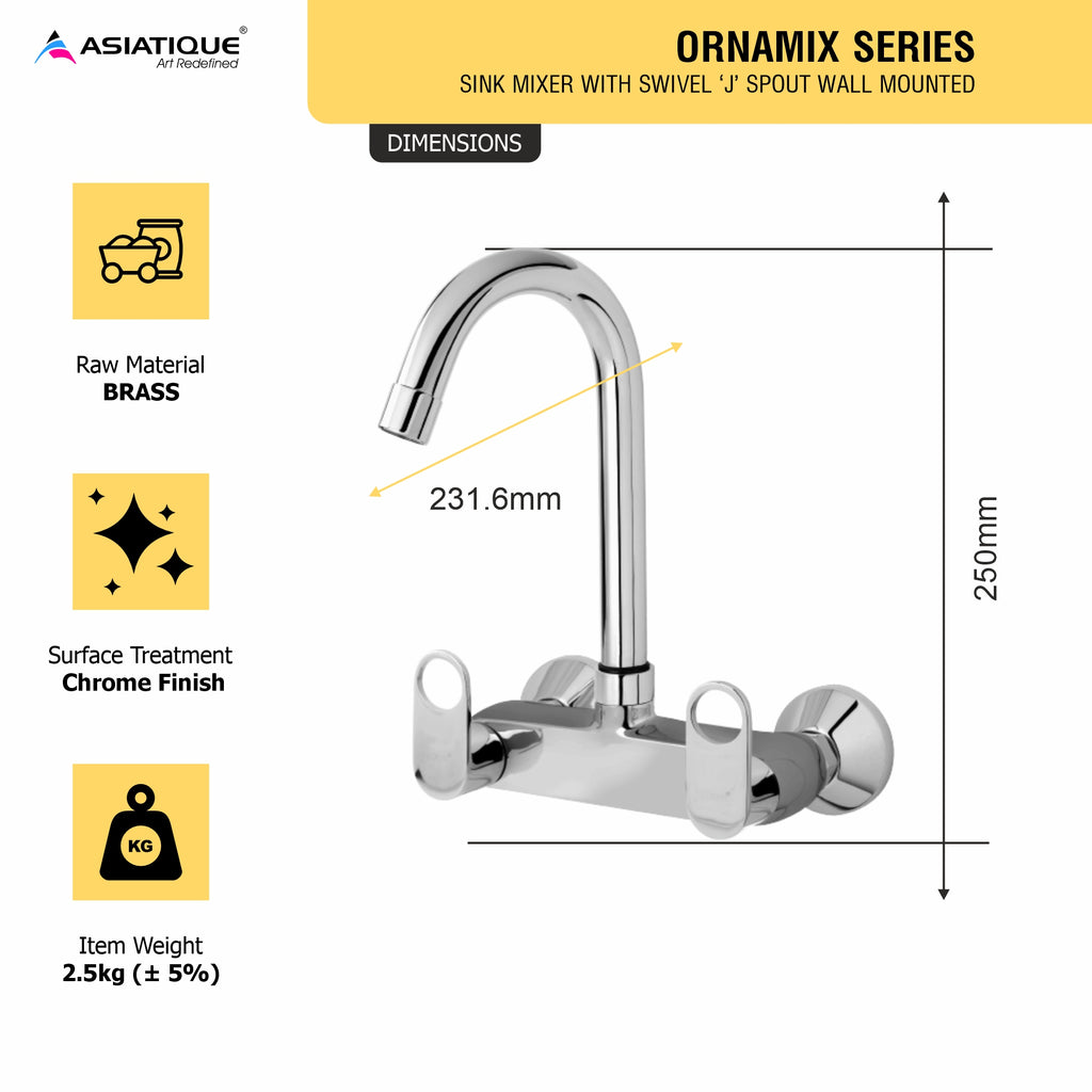 Asiatique Sink Mixer With Swivel ‘J’ Spout Wall Mounted (OR-013), Ornamix Series Brass Faucets & Bath Fittings, Chrome Finish Premium Collection