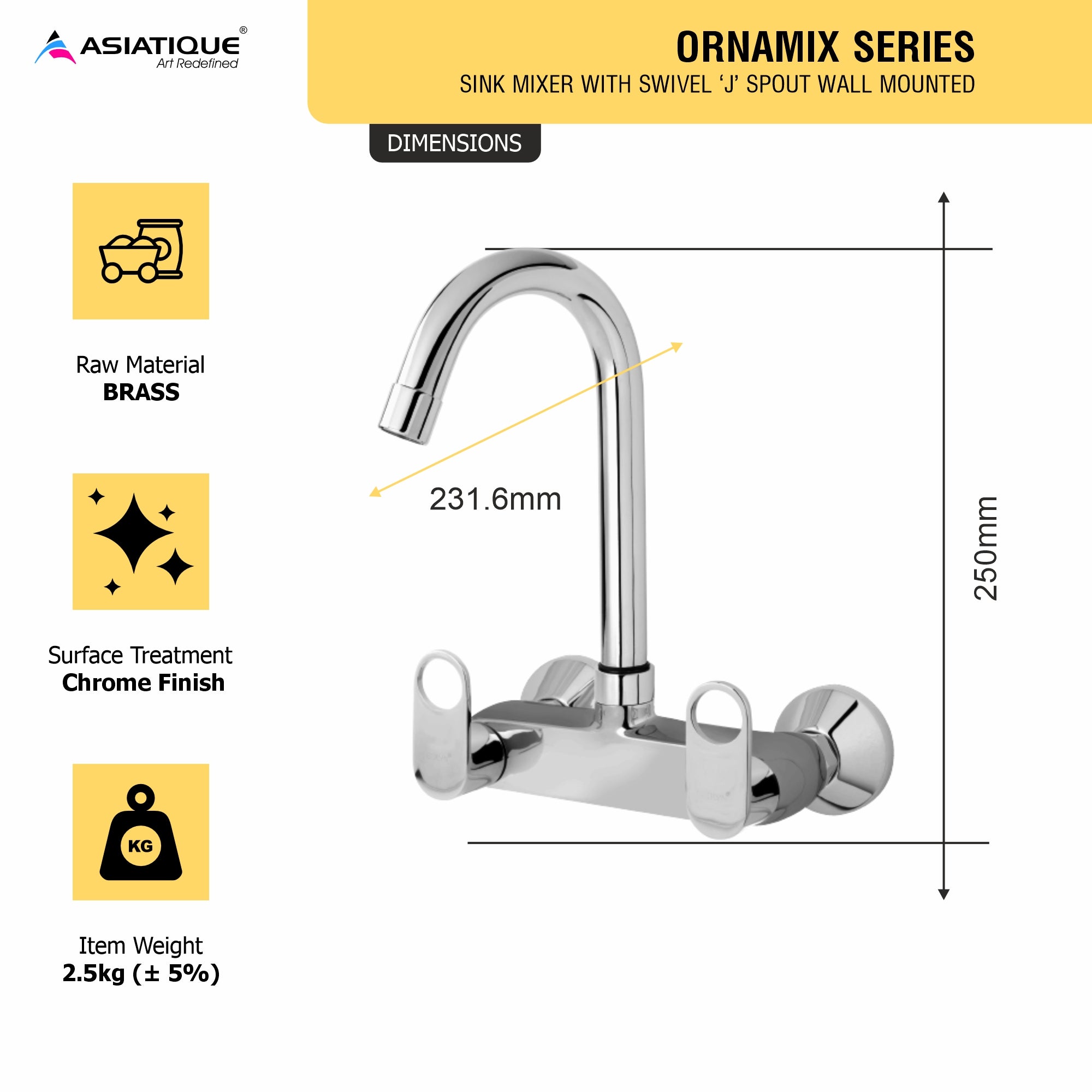 Asiatique Sink Mixer With Swivel ‘J’ Spout Wall Mounted (OR-013), Ornamix Series Brass Faucets & Bath Fittings, Chrome Finish Premium Collection